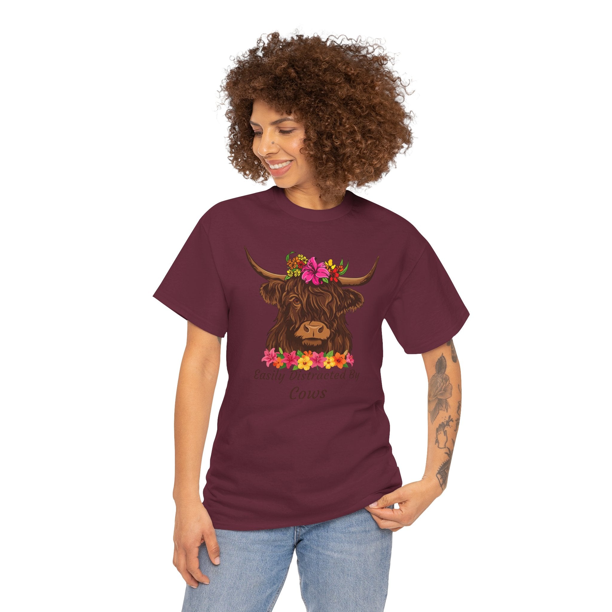 Highland Cow Floral Tee — "Easily Distracted by Cows" Cute Cow Graphic T-Shirt