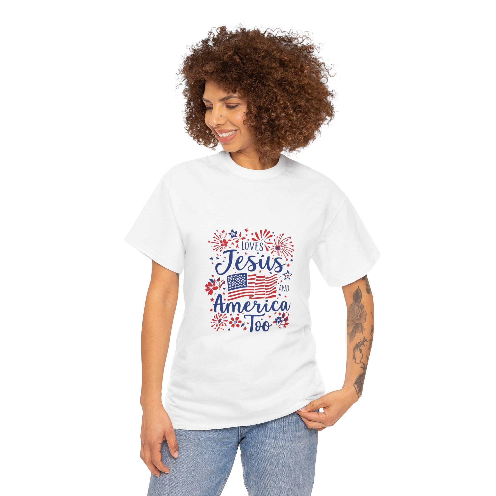 Jesus and America Tee — Patriotic Christian T-Shirt ("Loves Jesus and America Too")