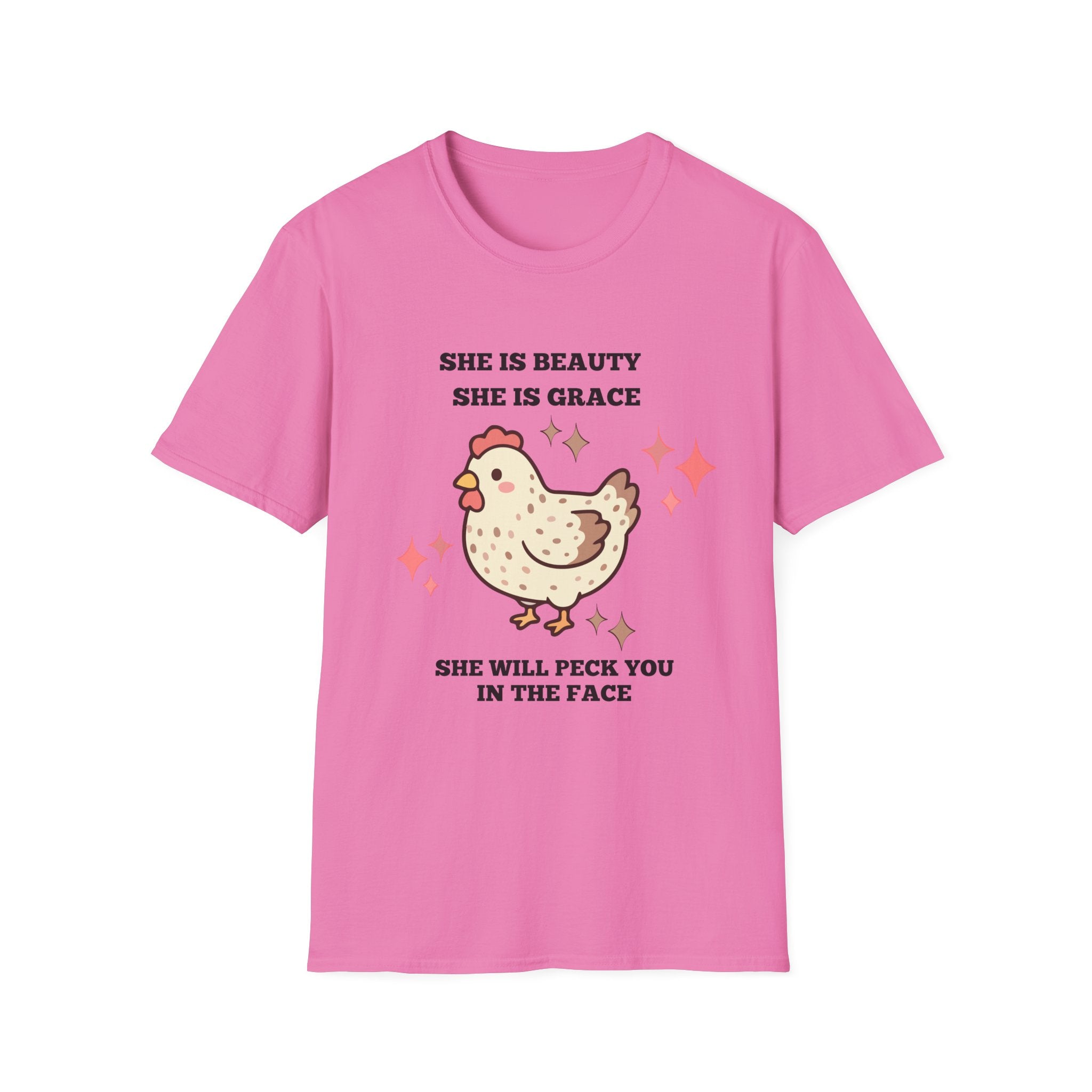 Chicken Tee — "She Is Beauty, She Is Grace, She Will Pech You in the Face" Funny Farm Animal T-Shirt