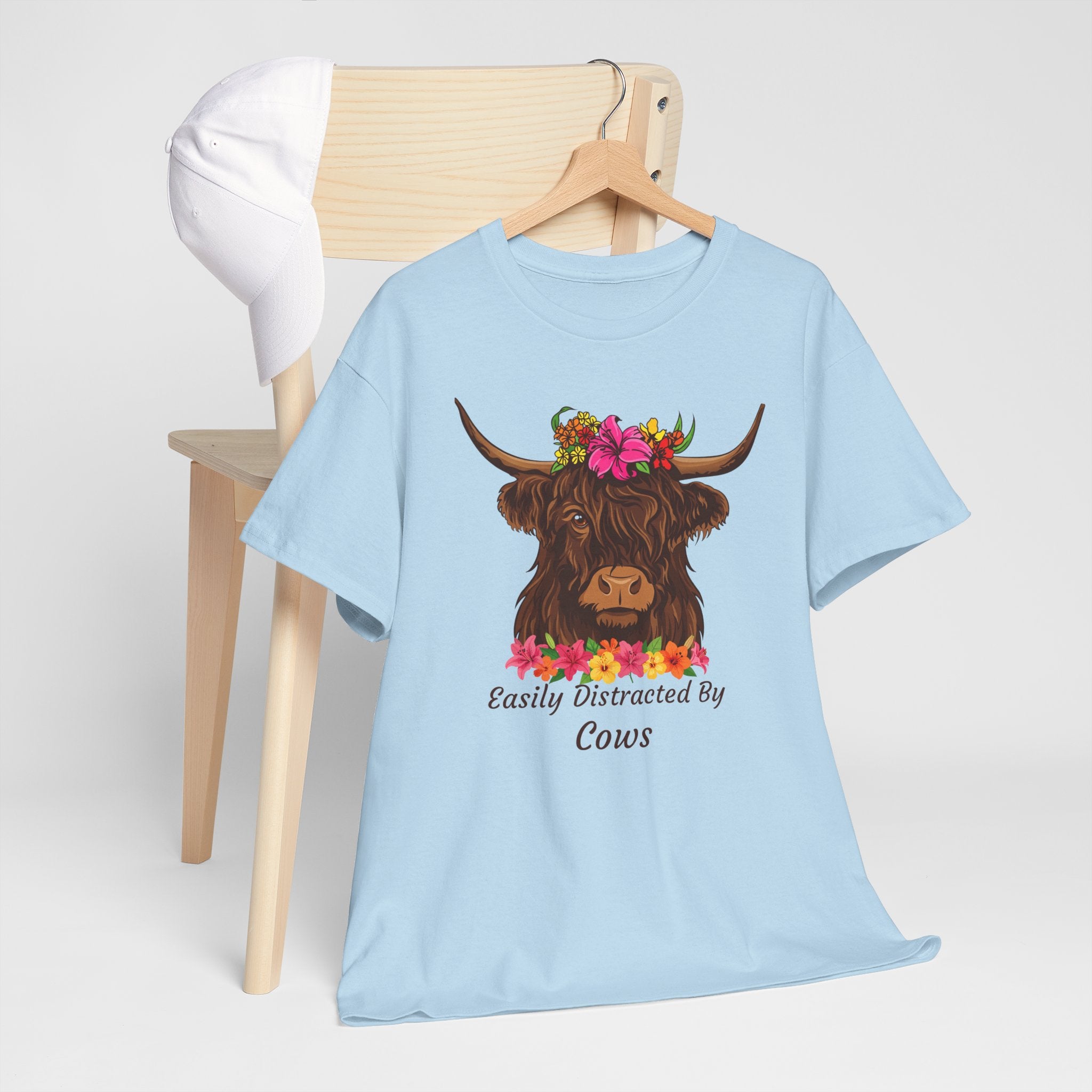 Highland Cow Floral Tee — "Easily Distracted by Cows" Cute Cow Graphic T-Shirt