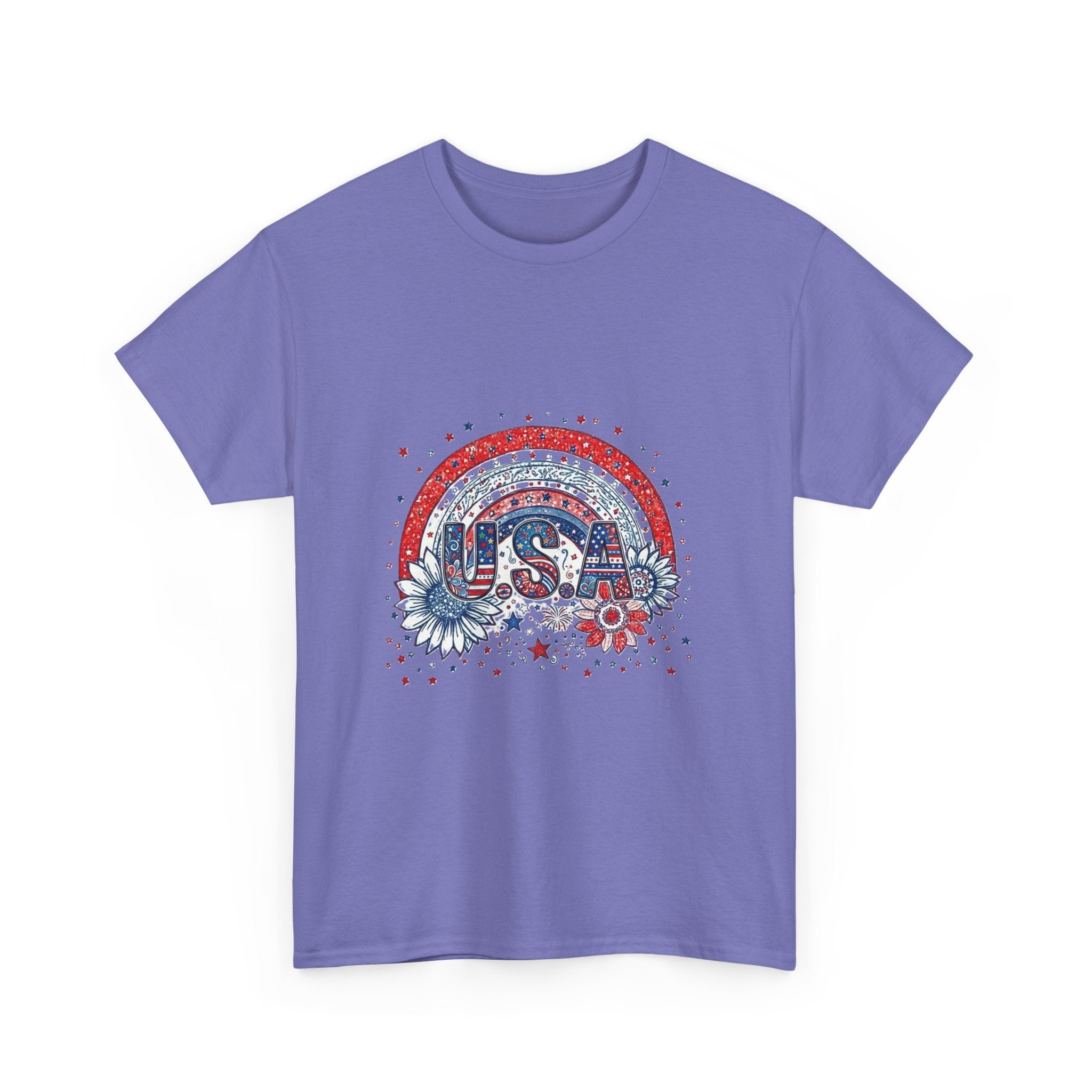 USA Retro Rainbow T-Shirt — Patriotic Fourth of July Tee with Stars & Flowers
