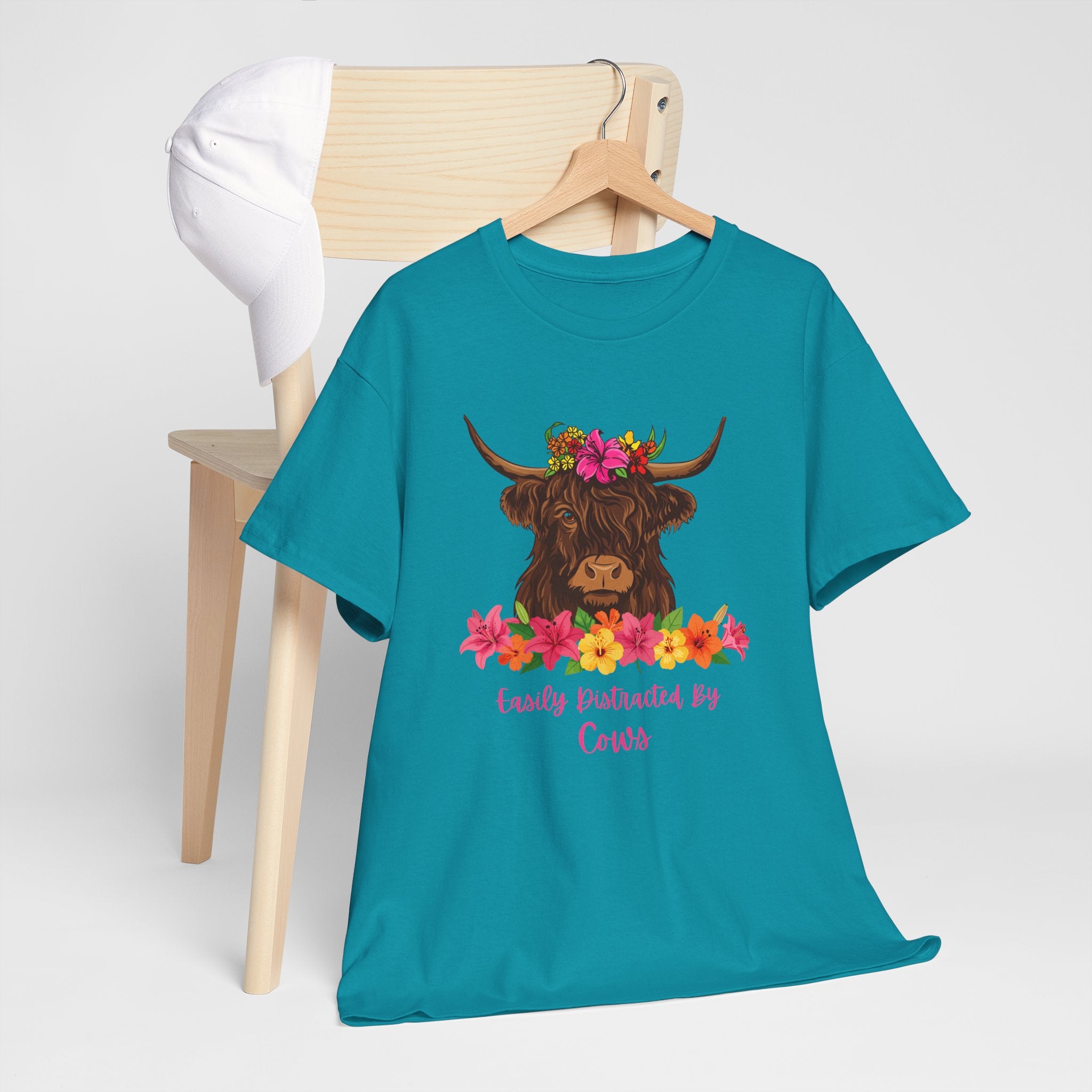 Cow Mom Floral Tee — 'Easily Distracted By Cows' Highland Cow Graphic Shirt
