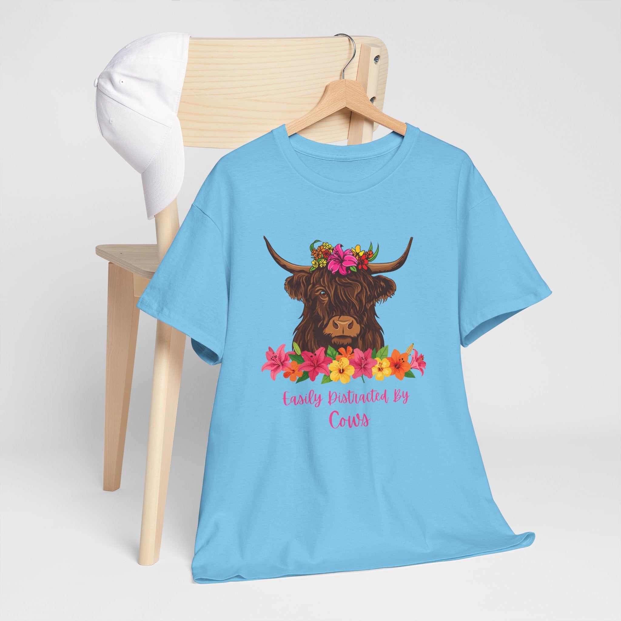 Cow Mom Floral Tee — 'Easily Distracted By Cows' Highland Cow Graphic Shirt