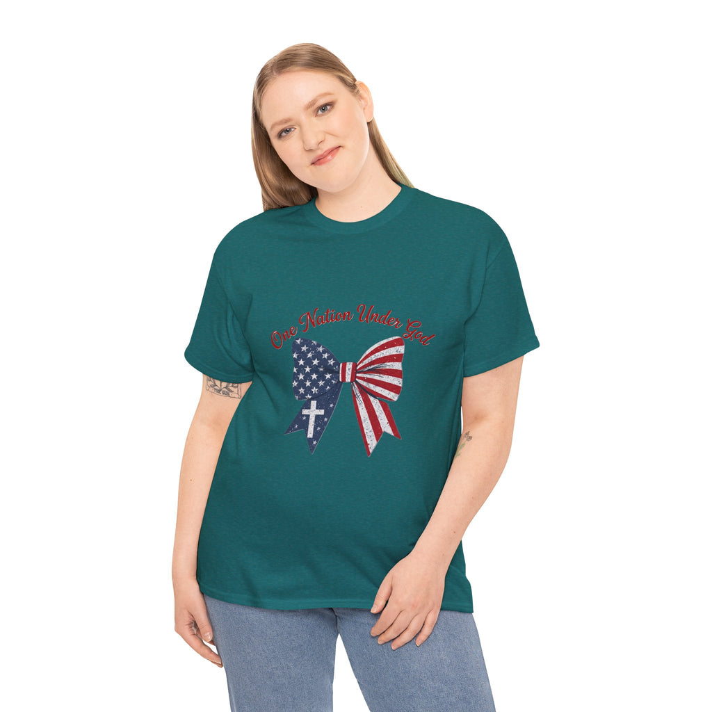 Patriotic Bow Tee — "One Nation Under God" American Flag Cross T-Shirt