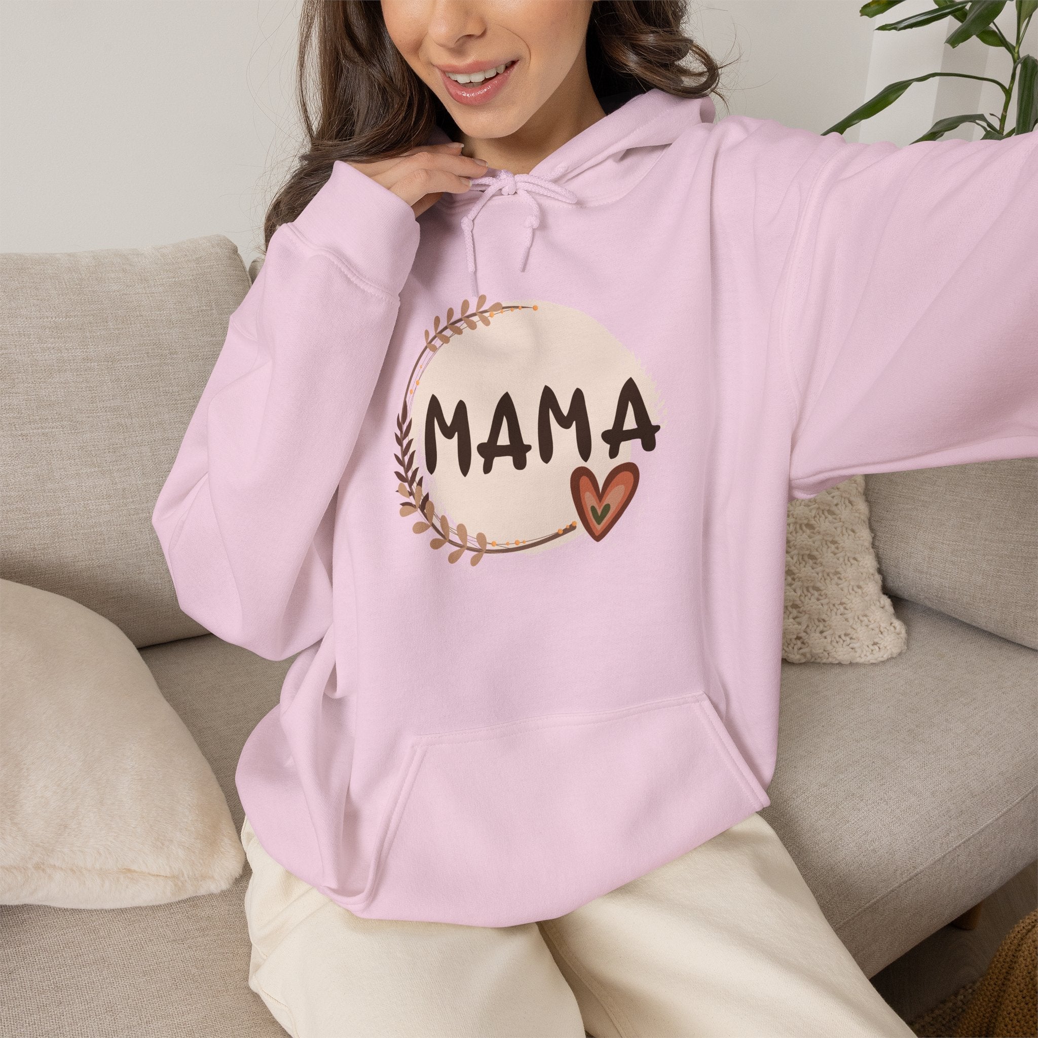 Mama Heart Hoodie — Soft Neutral Mom Sweatshirt, 'MAMA' Script with Heart & Wreath (Mother’s Day Gift)
