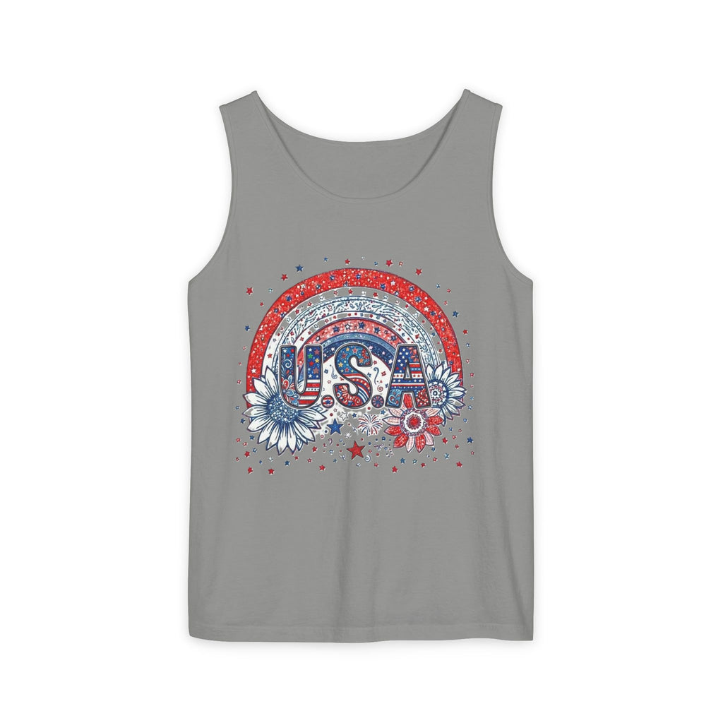 USA Rainbow Floral Tank Top — Patriotic 4th of July Sleeveless Tee