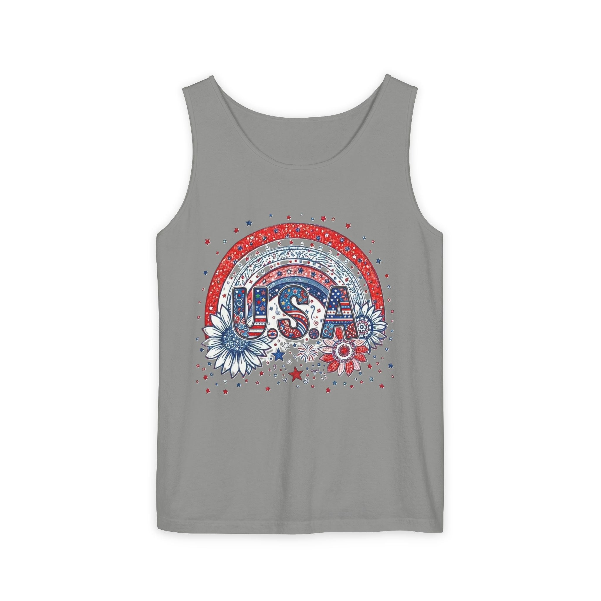 USA Rainbow Floral Tank Top — Patriotic 4th of July Sleeveless Tee