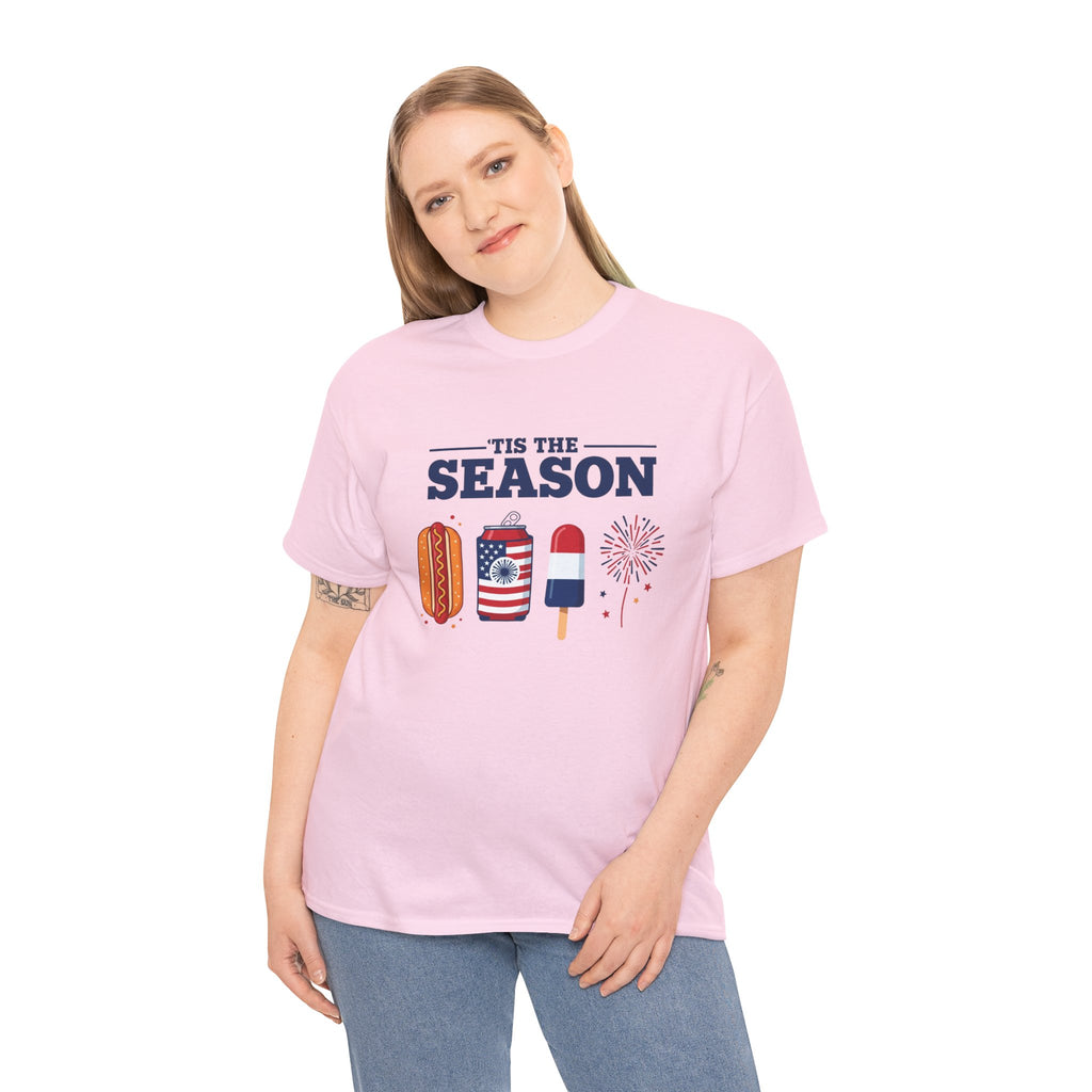 Fourth of July Tee — "'Tis the Season" Patriotic Hot Dog, Popsicle & Fireworks T-Shirt