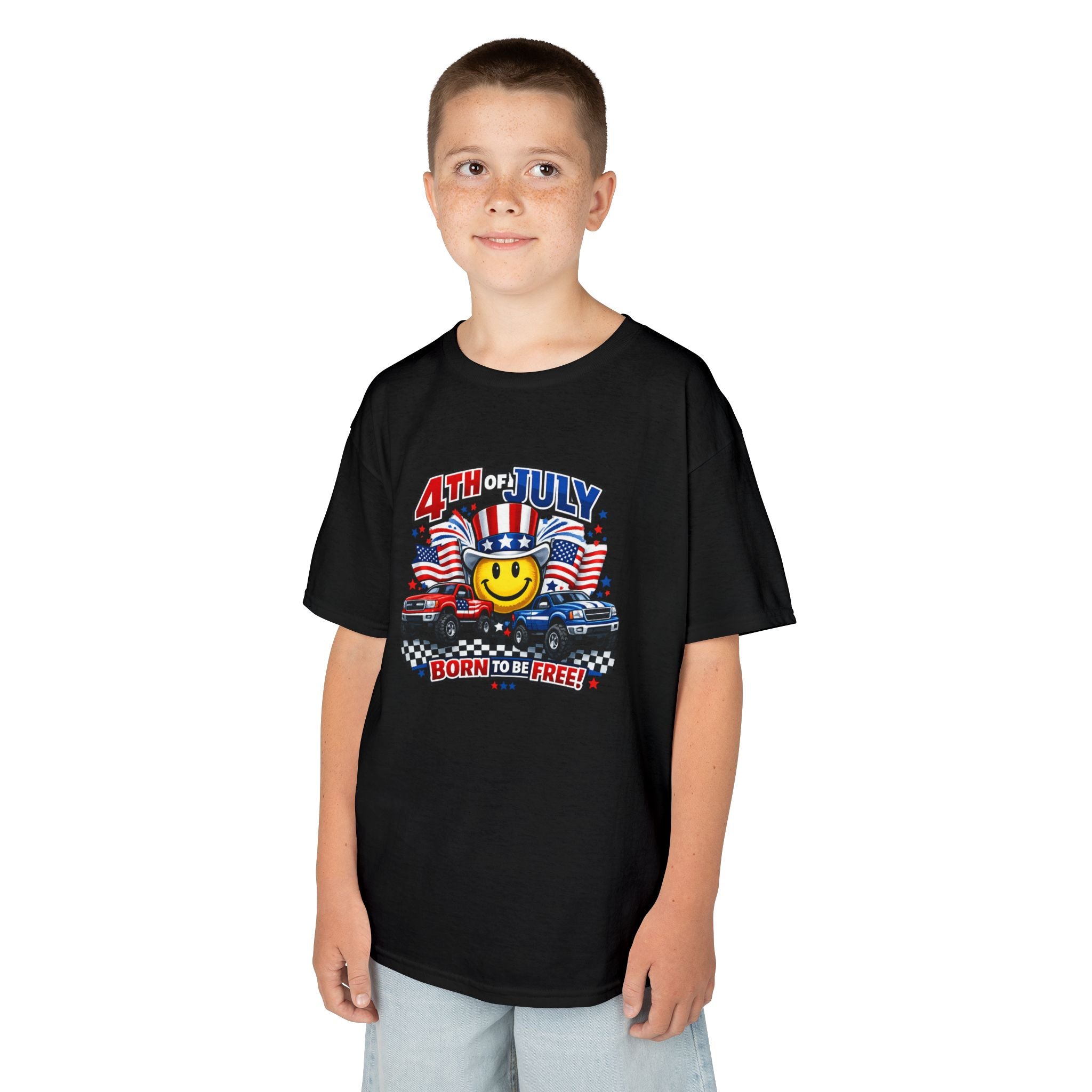Kids Tee — 4th of July 'Born to Be Free' Smiley Flag Design