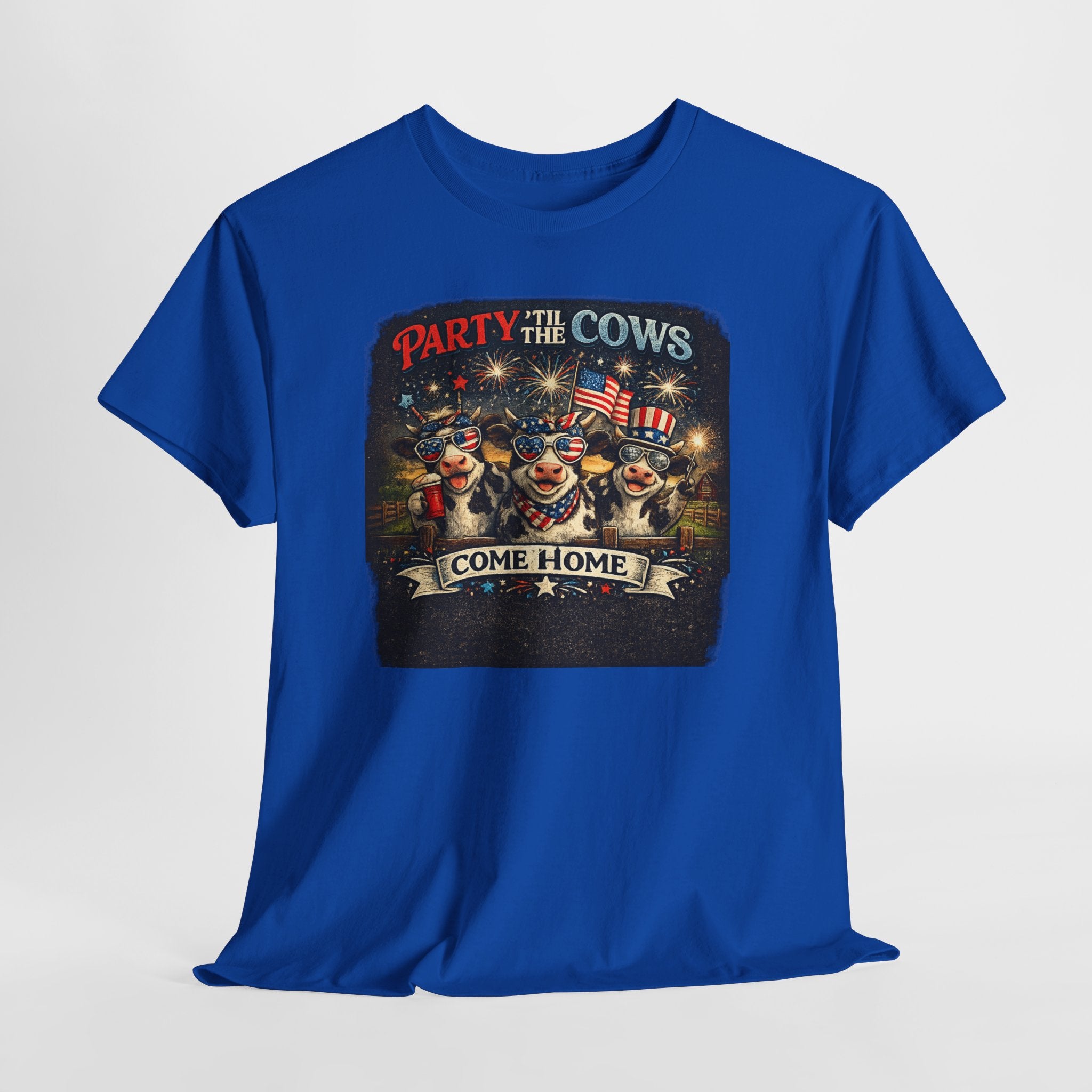 Independence Day 'Party 'Til the Cows Come Home' T-Shirt — Fireworks & Cow Graphic