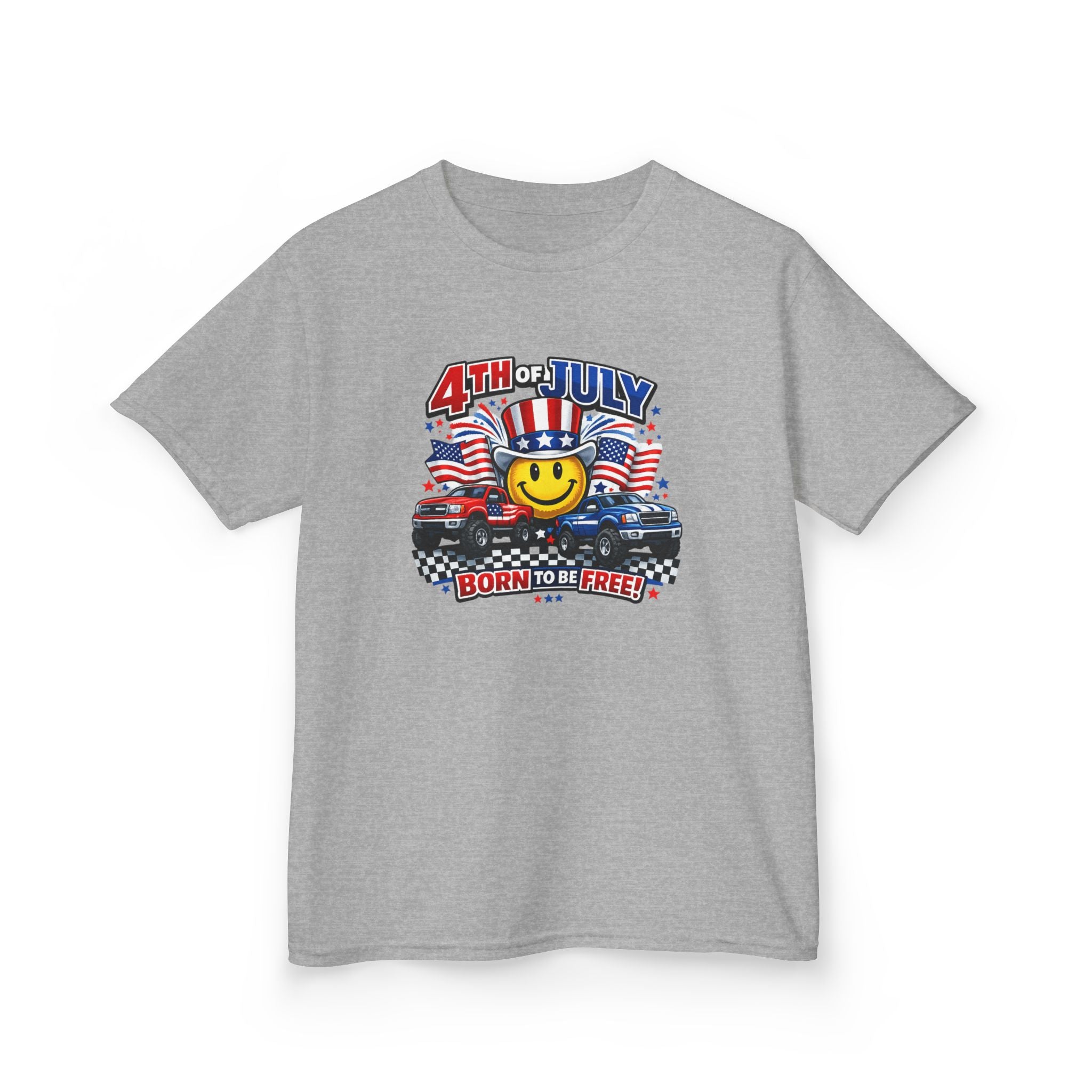 Kids Tee — 4th of July 'Born to Be Free' Smiley Flag Design