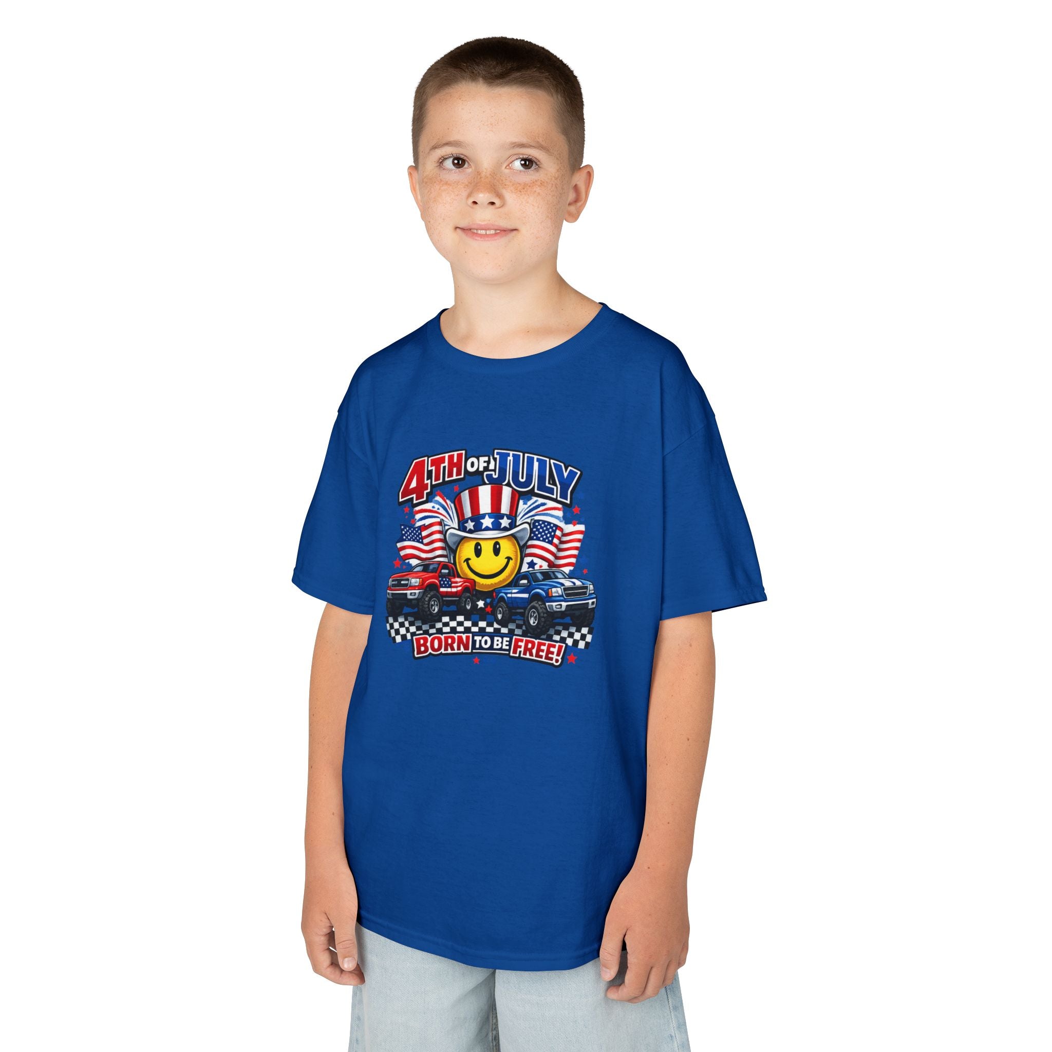 Kids Tee — 4th of July 'Born to Be Free' Smiley Flag Design