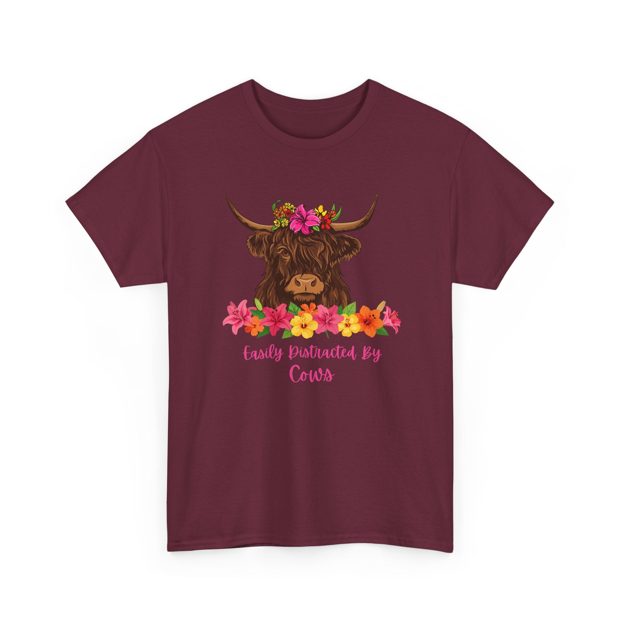 Cow Mom Floral Tee — 'Easily Distracted By Cows' Highland Cow Graphic Shirt