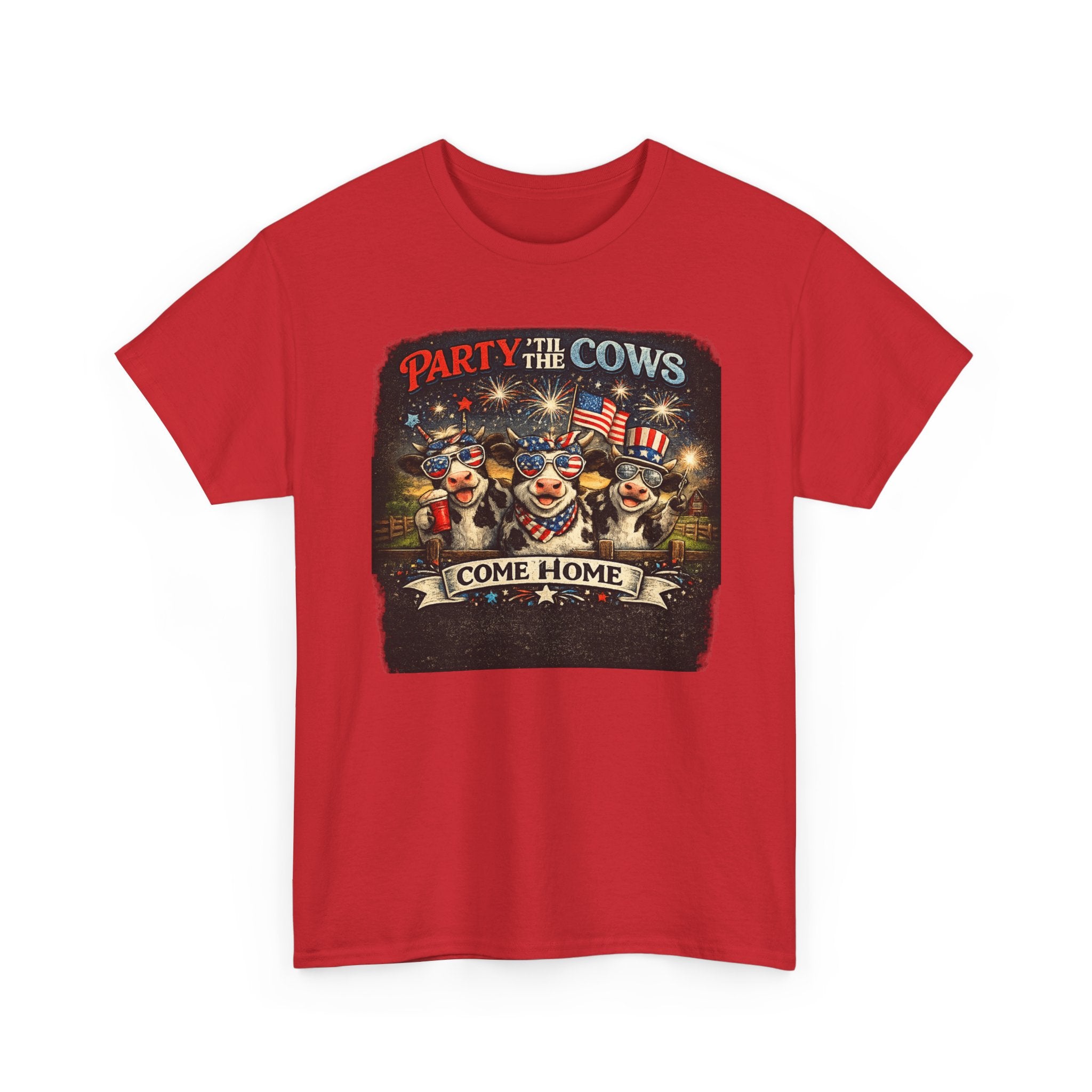 Independence Day 'Party 'Til the Cows Come Home' T-Shirt — Fireworks & Cow Graphic