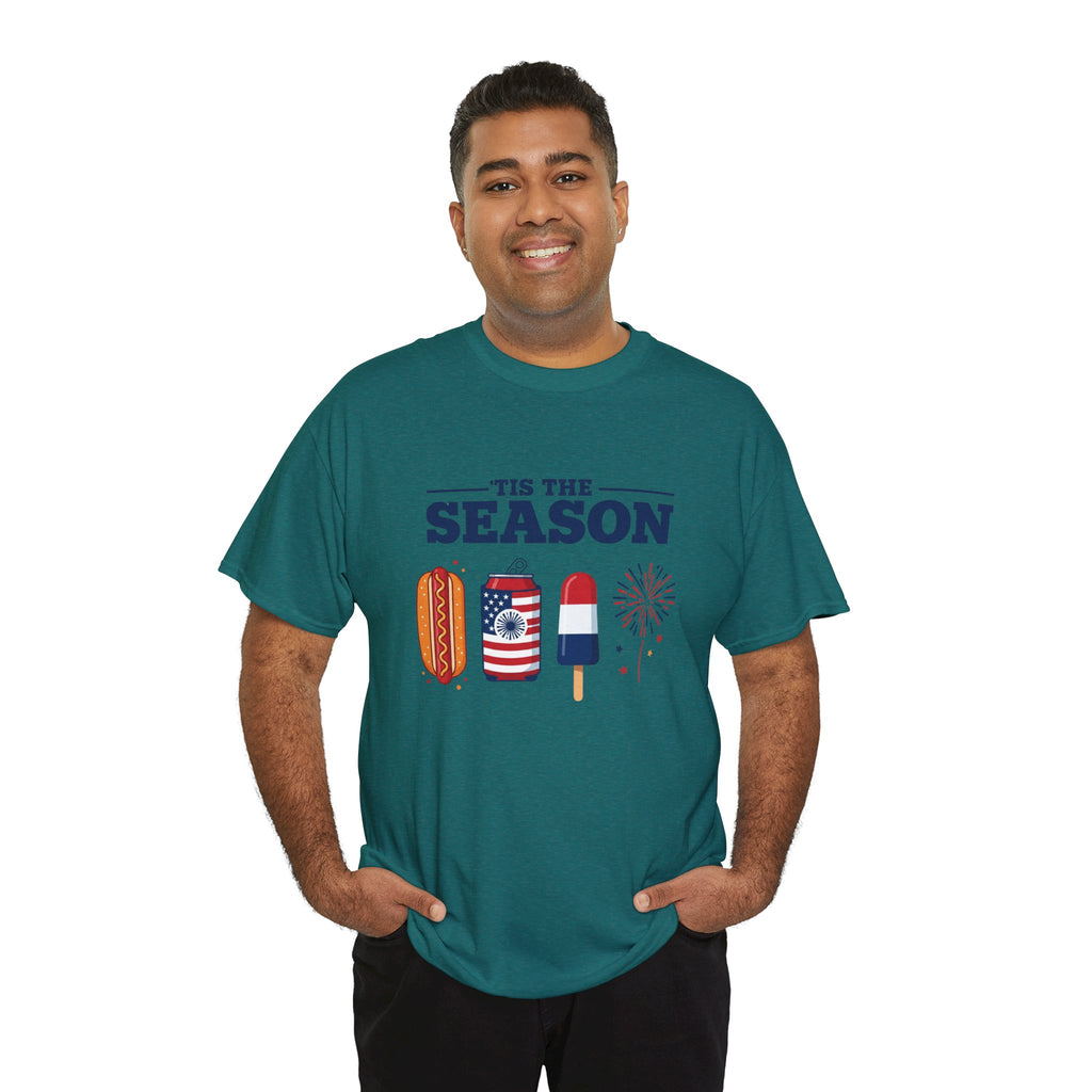 Fourth of July Tee — "'Tis the Season" Patriotic Hot Dog, Popsicle & Fireworks T-Shirt