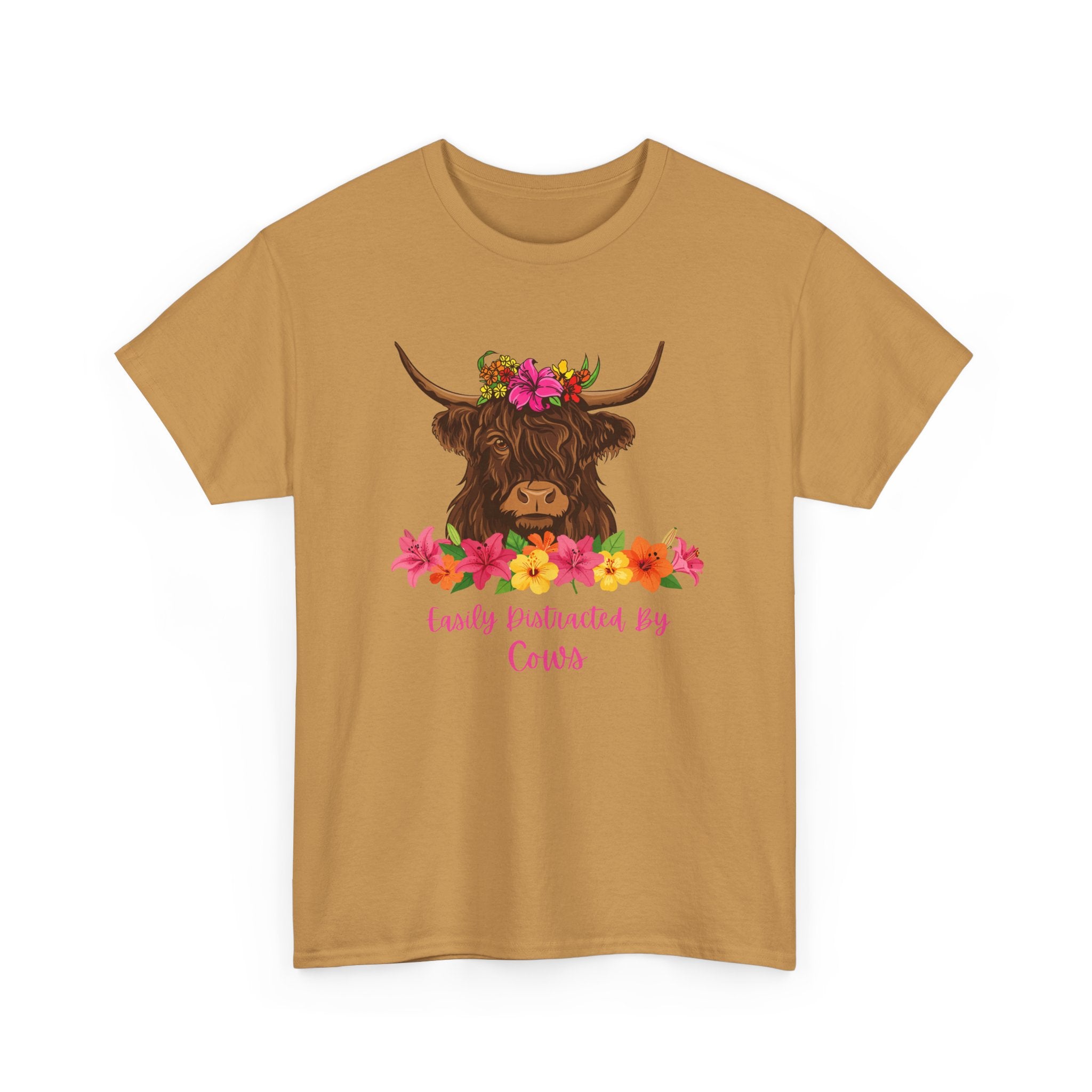Cow Mom Floral Tee — 'Easily Distracted By Cows' Highland Cow Graphic Shirt