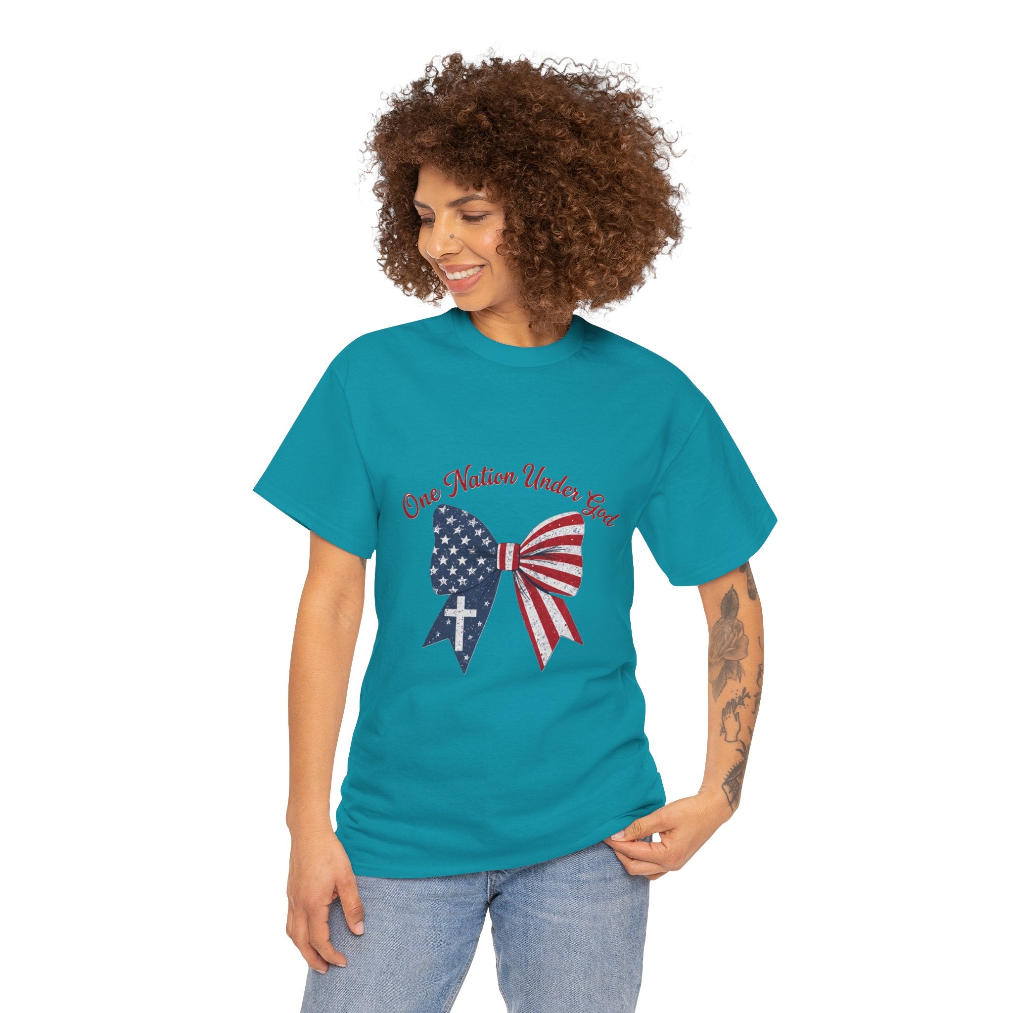 Patriotic Bow Tee — "One Nation Under God" American Flag Cross T-Shirt