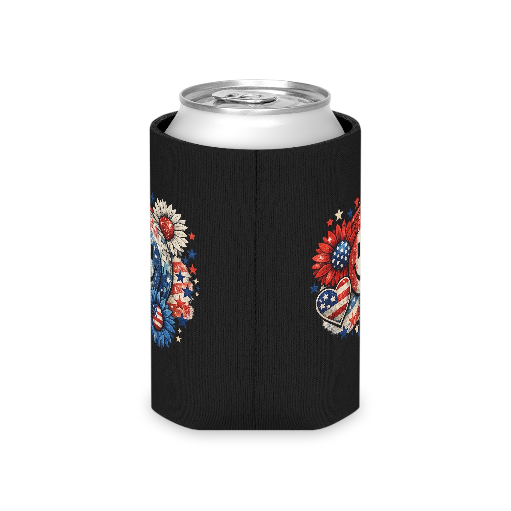 Patriotic Smile Can Cooler — 4th of July American Flag Floral Beer Koozie