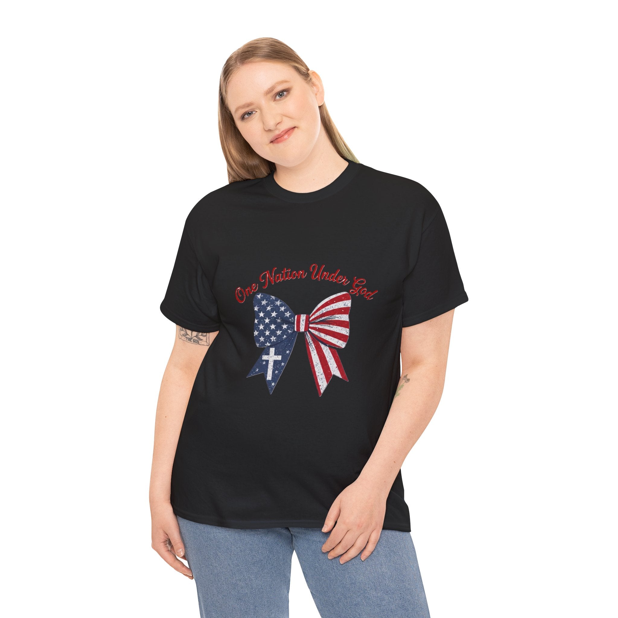 Patriotic Bow Tee — "One Nation Under God" American Flag Cross T-Shirt