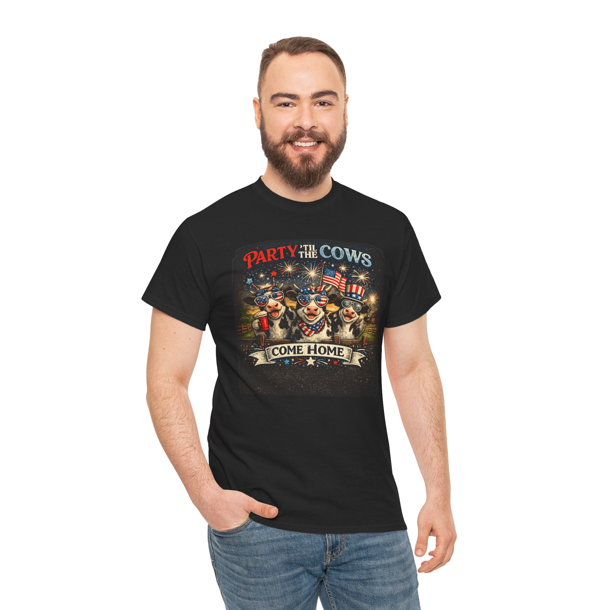 Independence Day 'Party 'Til the Cows Come Home' T-Shirt — Fireworks & Cow Graphic