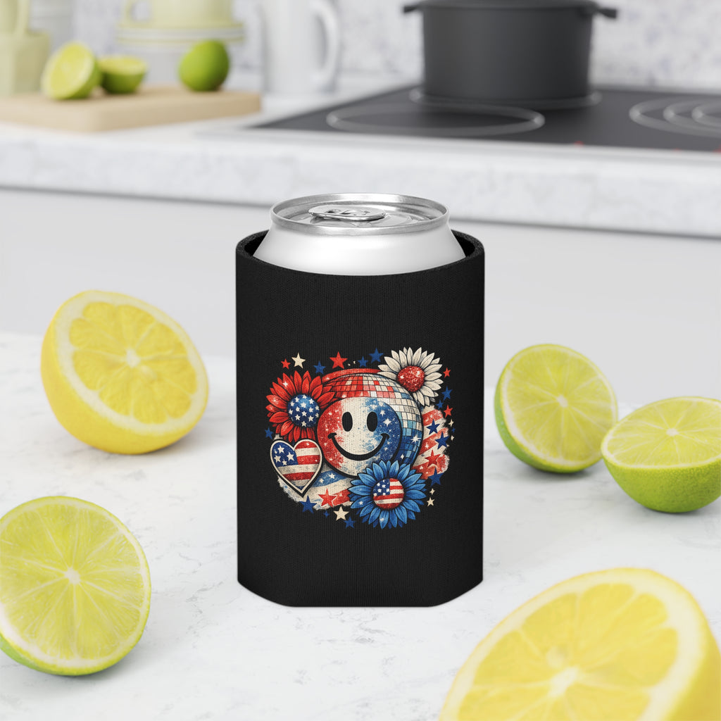Patriotic Smile Can Cooler — 4th of July American Flag Floral Beer Koozie