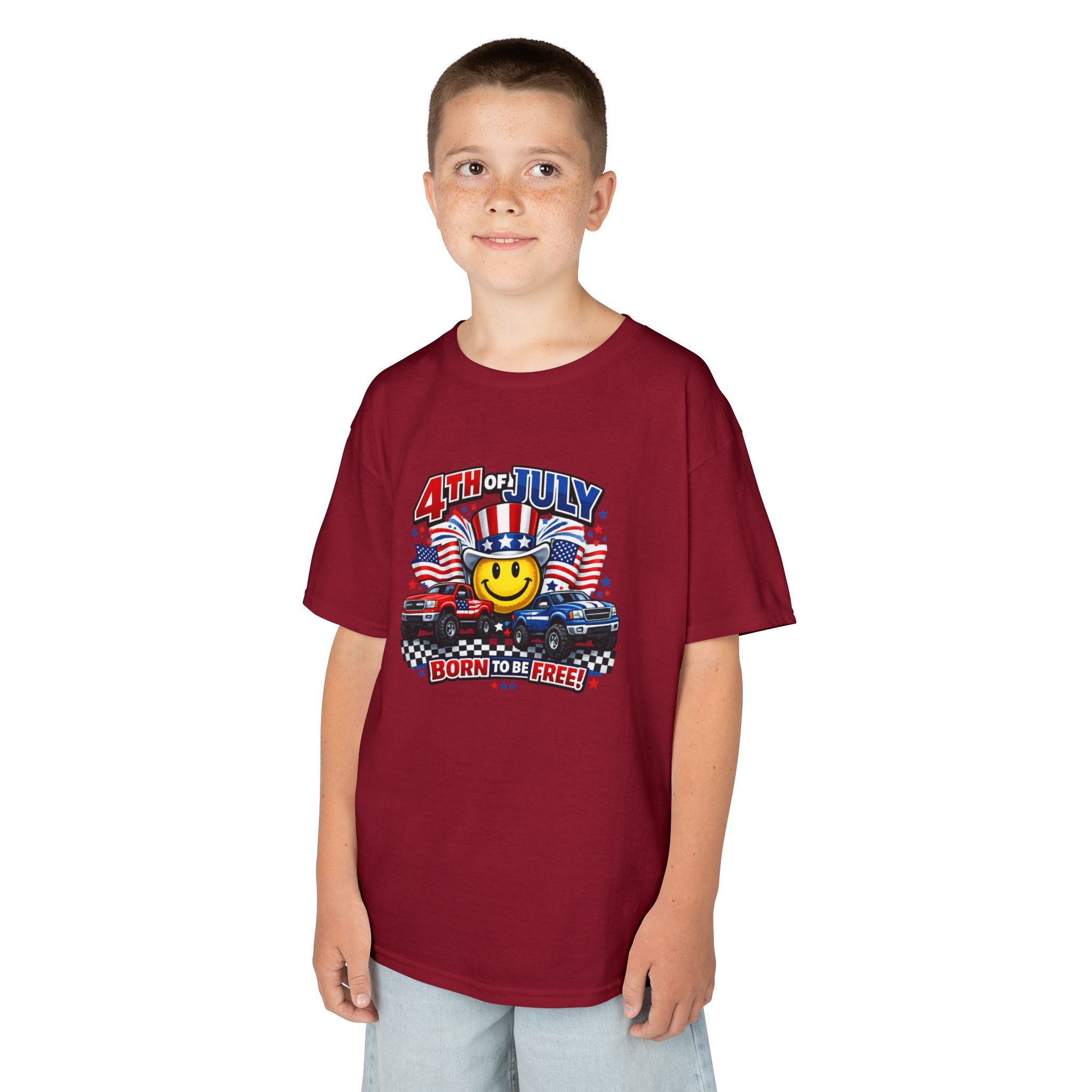 Kids Tee — 4th of July 'Born to Be Free' Smiley Flag Design