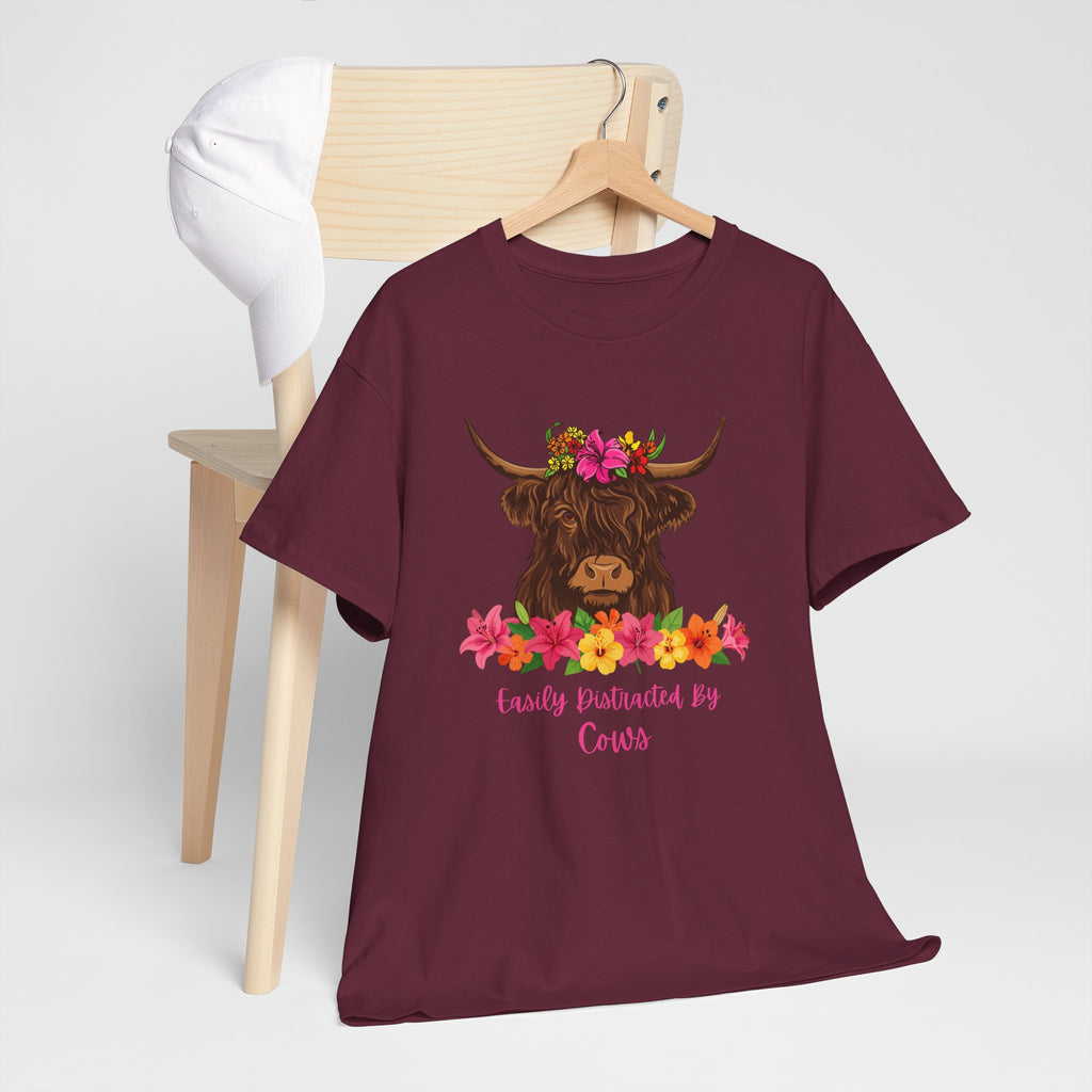 Cow Mom Floral Tee — 'Easily Distracted By Cows' Highland Cow Graphic Shirt