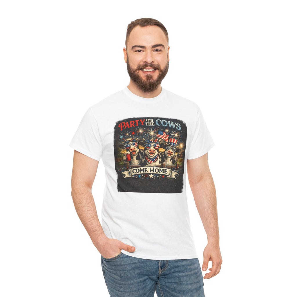 Independence Day 'Party 'Til the Cows Come Home' T-Shirt — Fireworks & Cow Graphic