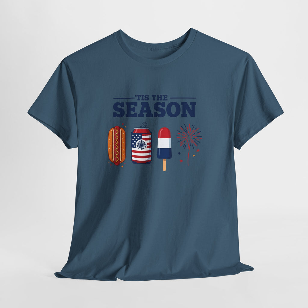 Fourth of July Tee — "'Tis the Season" Patriotic Hot Dog, Popsicle & Fireworks T-Shirt