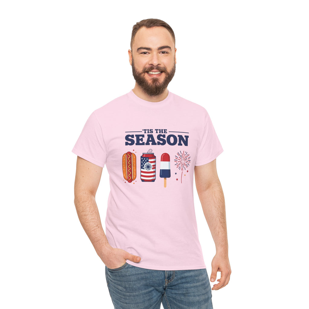 Fourth of July Tee — "'Tis the Season" Patriotic Hot Dog, Popsicle & Fireworks T-Shirt