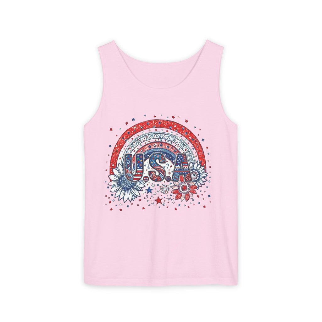 USA Rainbow Floral Tank Top — Patriotic 4th of July Sleeveless Tee