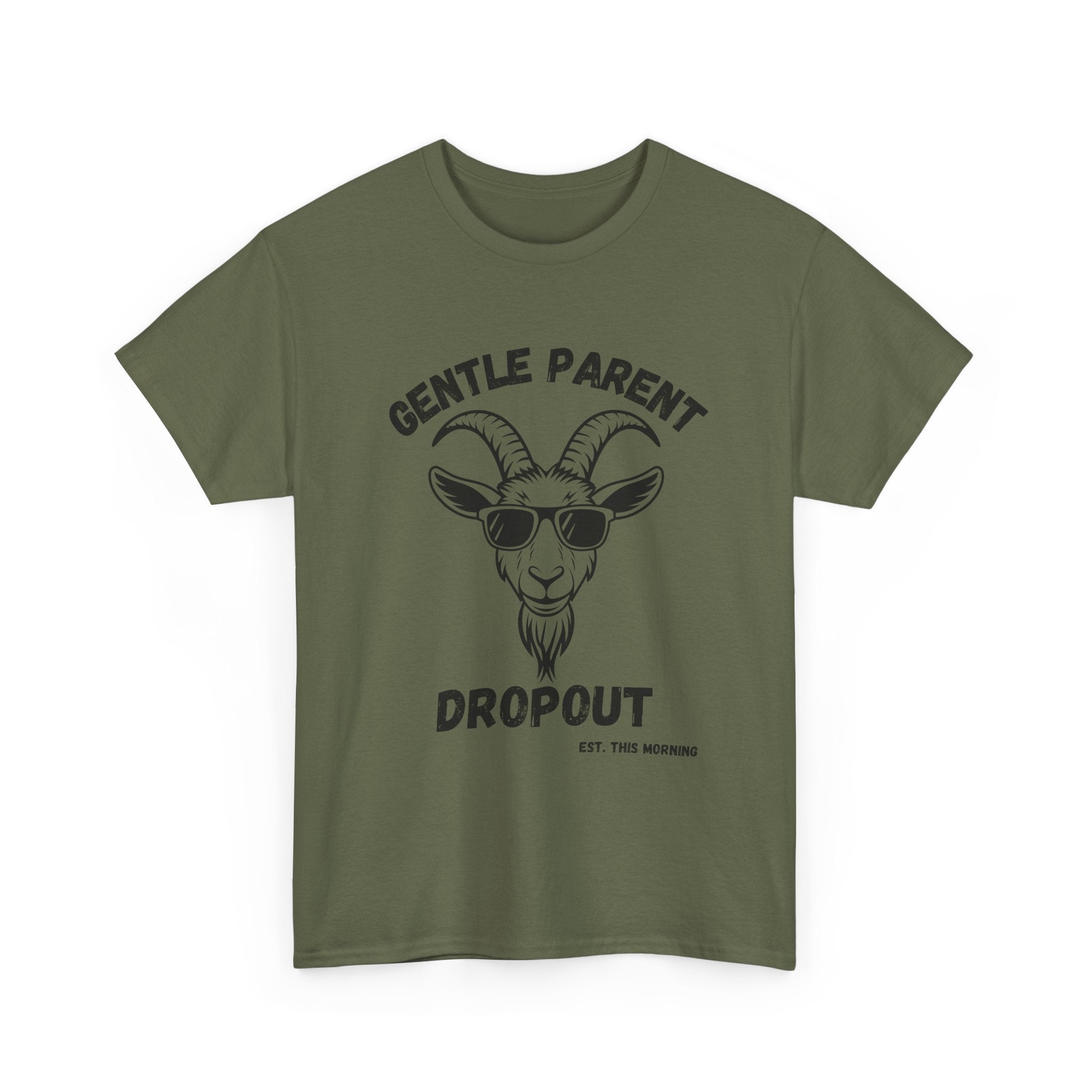 Gentle Parent Dropout Goat T-Shirt — Funny Parenting Tee with Sunglasses Goat Design