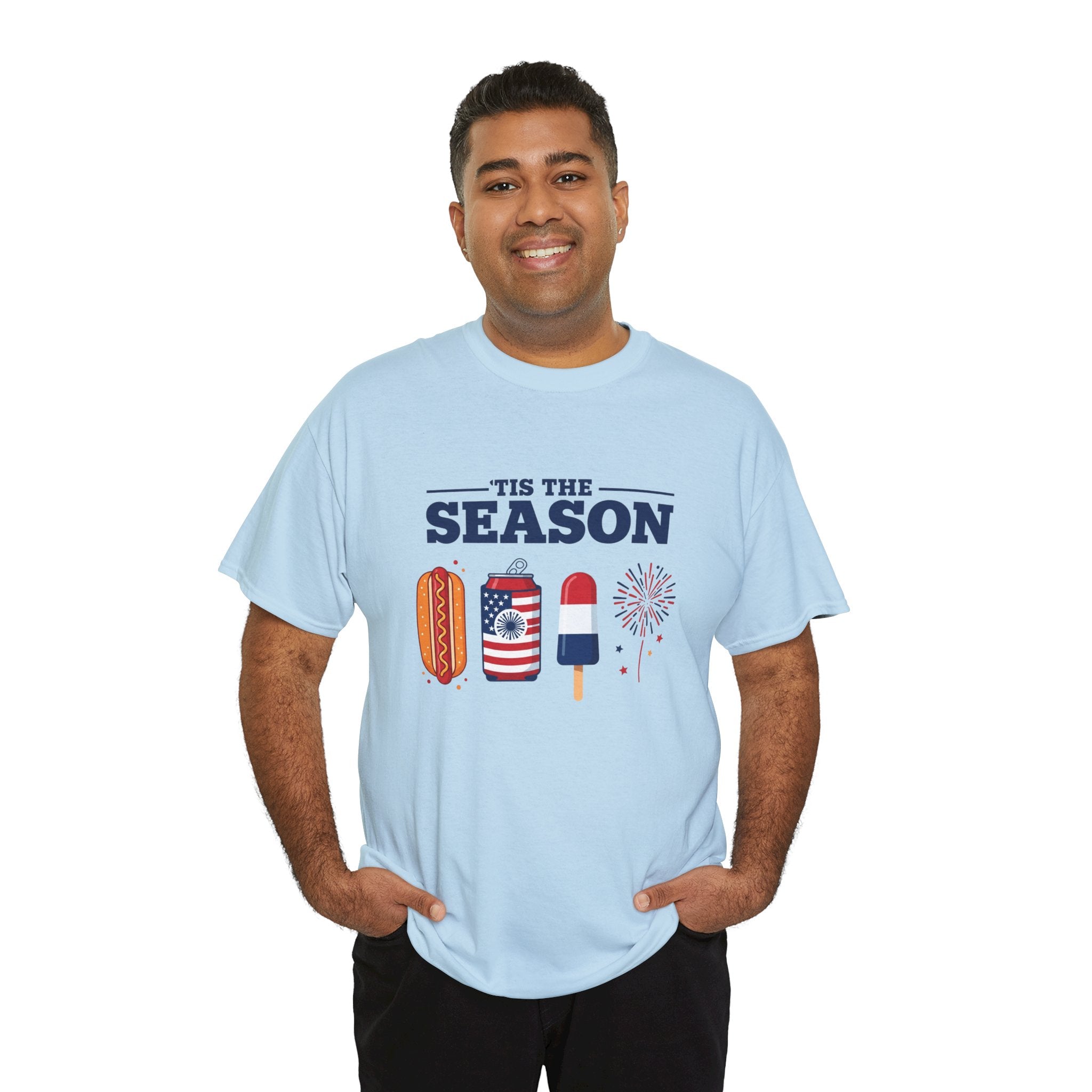Fourth of July Tee — "'Tis the Season" Patriotic Hot Dog, Popsicle & Fireworks T-Shirt