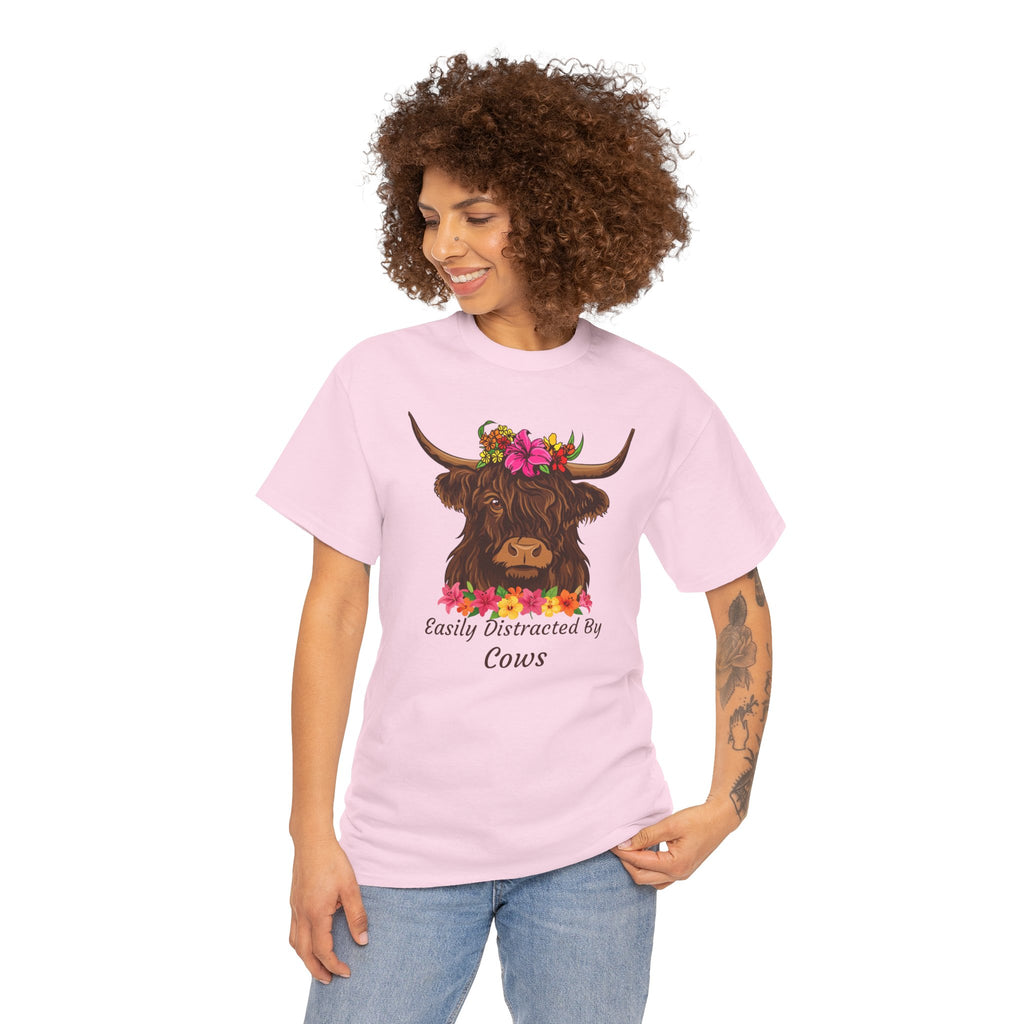Highland Cow Floral Tee — "Easily Distracted by Cows" Cute Cow Graphic T-Shirt