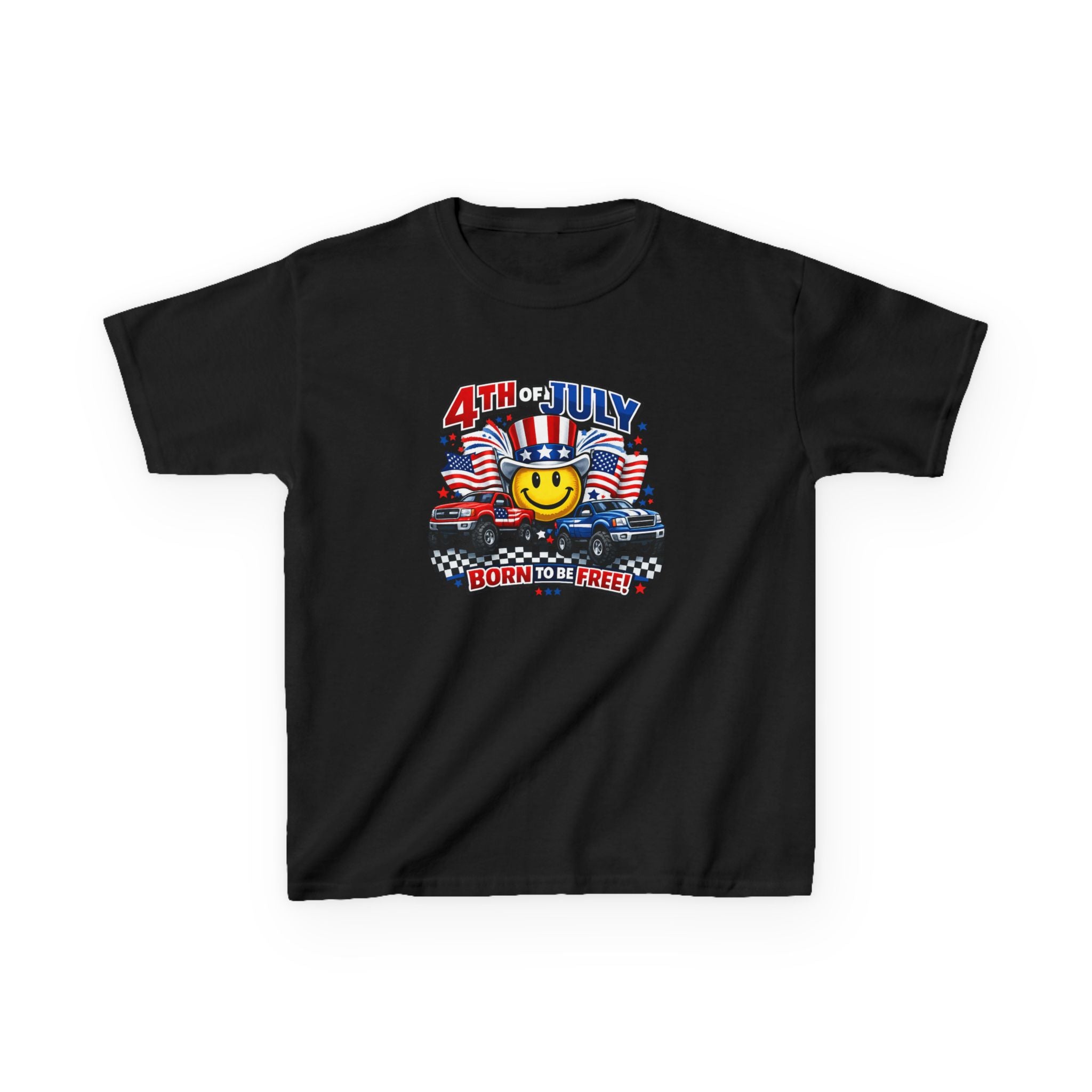 Kids Tee — 4th of July 'Born to Be Free' Smiley Flag Design