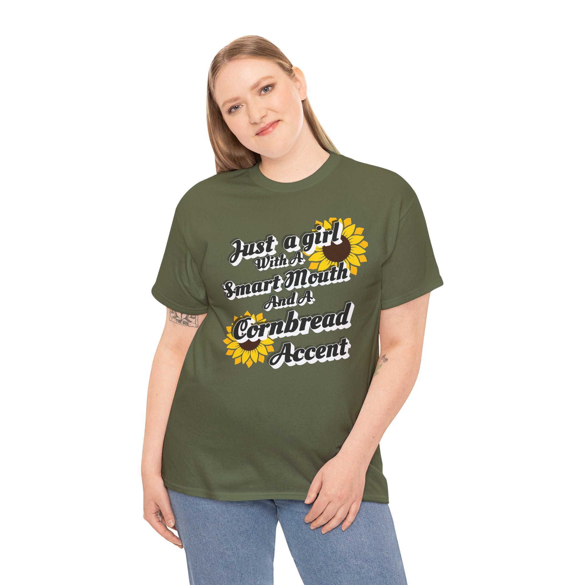 Cornbread Accent T-Shirt – "Just a Girl with a Smart Mouth and a Cornbread Accent" Sunflower Graphic