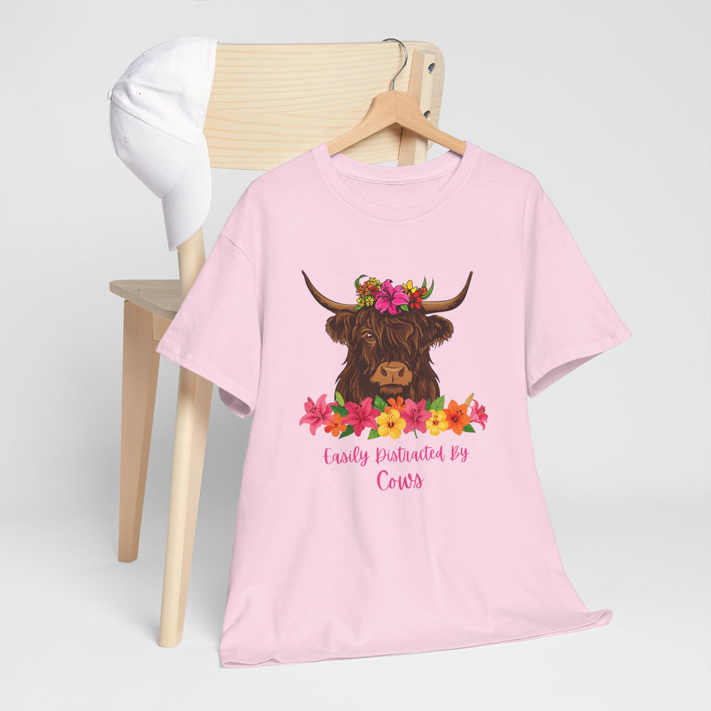 Cow Mom Floral Tee — 'Easily Distracted By Cows' Highland Cow Graphic Shirt