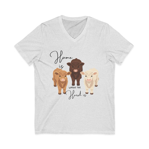 Cow Trio V-Neck Tee — "Home is Where the Herd Is" Cute Farm Animal Shirt