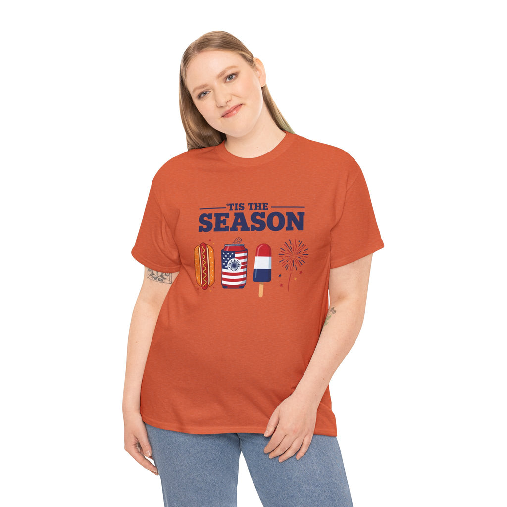 Fourth of July Tee — "'Tis the Season" Patriotic Hot Dog, Popsicle & Fireworks T-Shirt