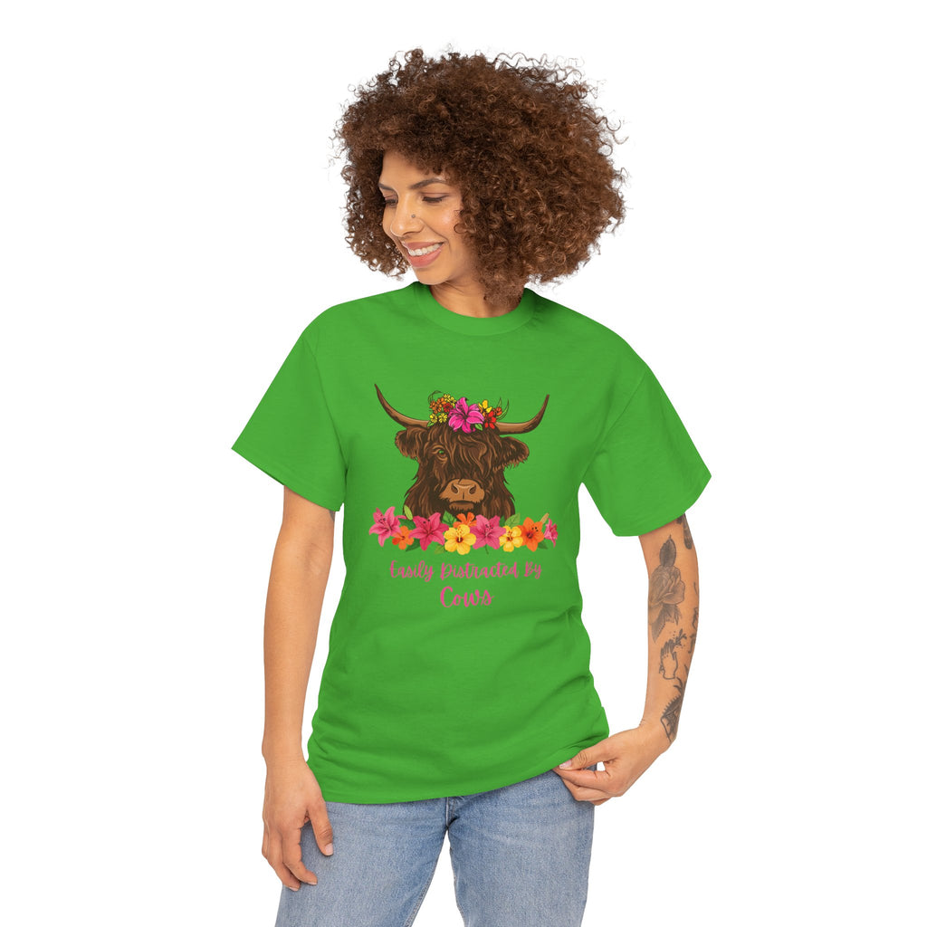 Cow Mom Floral Tee — 'Easily Distracted By Cows' Highland Cow Graphic Shirt