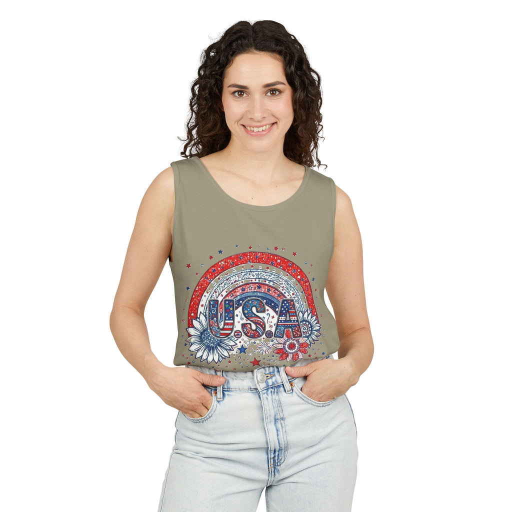 USA Rainbow Floral Tank Top — Patriotic 4th of July Sleeveless Tee