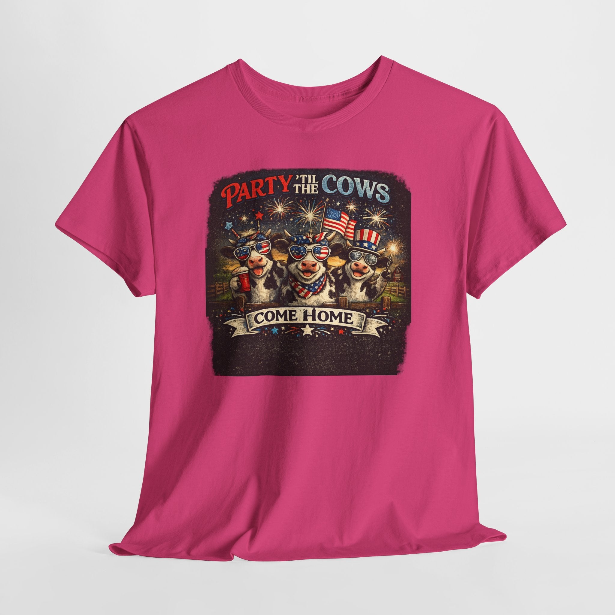 Independence Day 'Party 'Til the Cows Come Home' T-Shirt — Fireworks & Cow Graphic