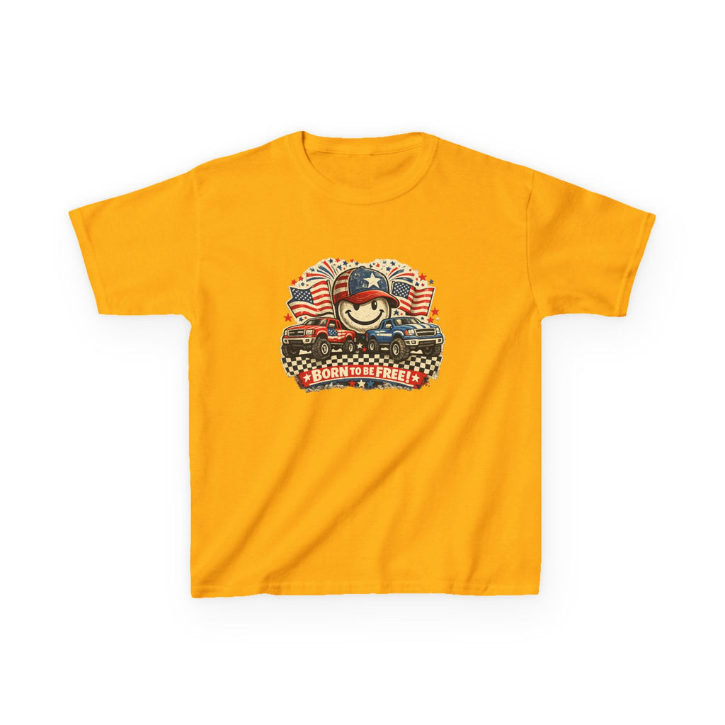 Kids Tee — Patriotic "Born to Be Free" Smiley Flag Design