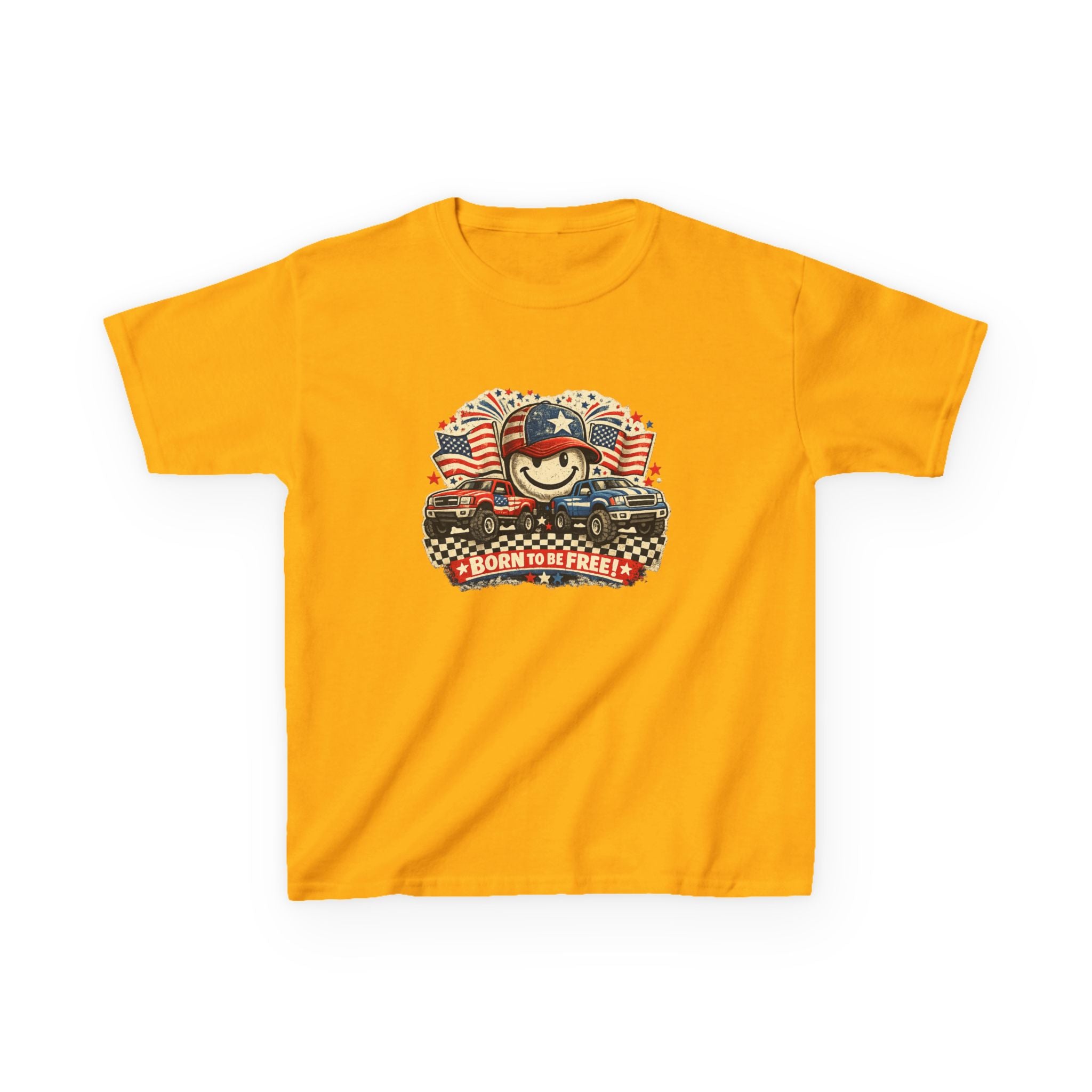 Kids Tee — Patriotic "Born to Be Free" Smiley Flag Design