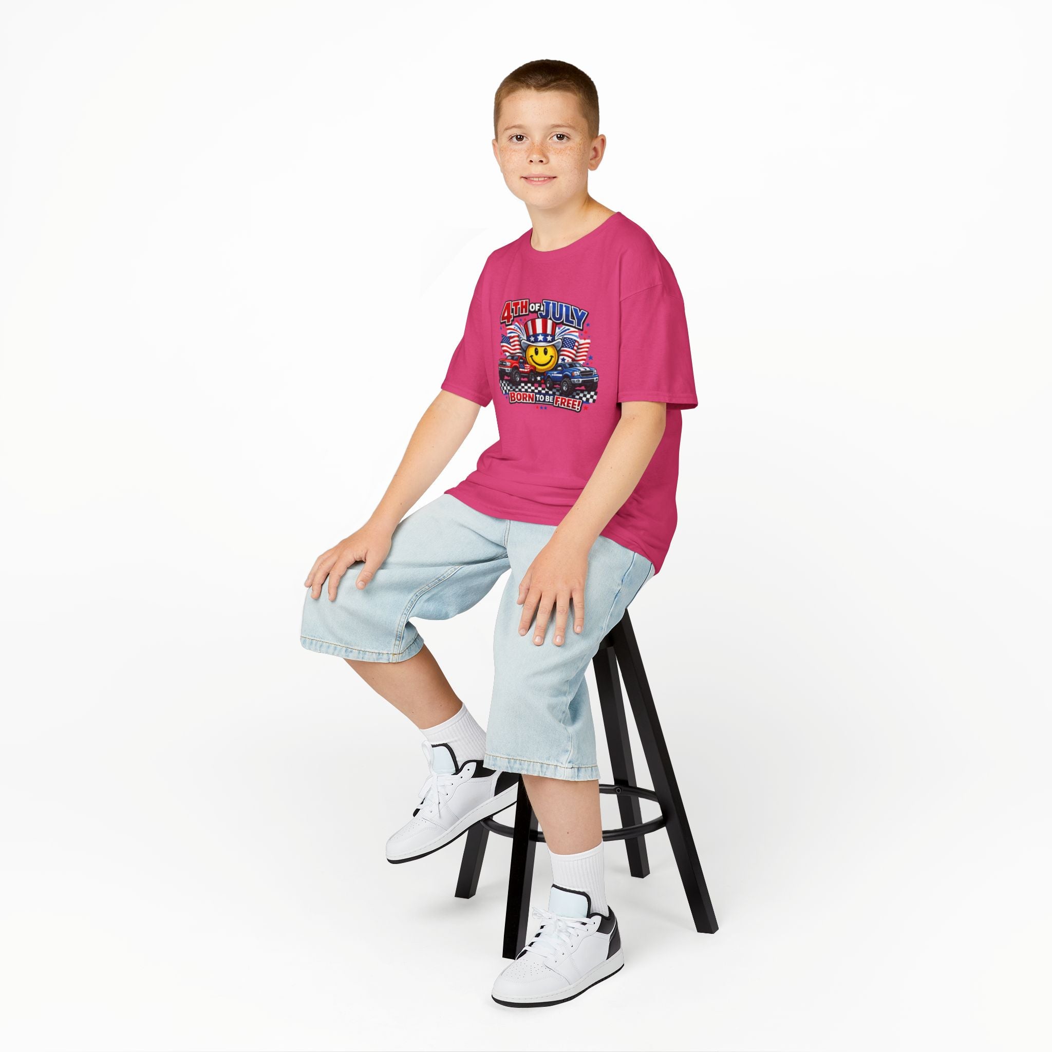 Kids Tee — 4th of July 'Born to Be Free' Smiley Flag Design