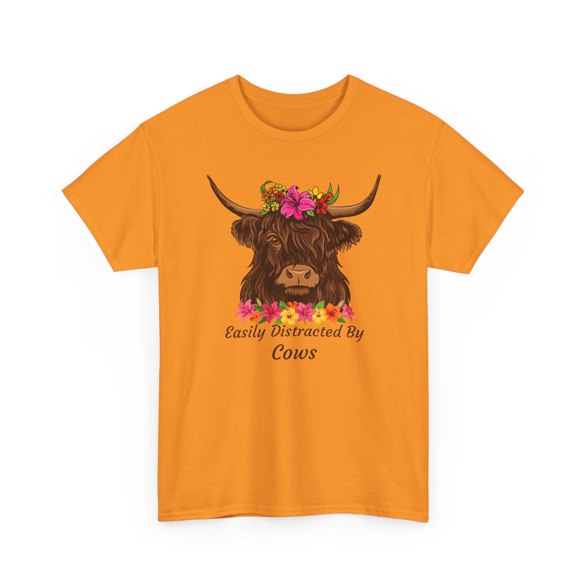 Highland Cow Floral Tee — "Easily Distracted by Cows" Cute Cow Graphic T-Shirt