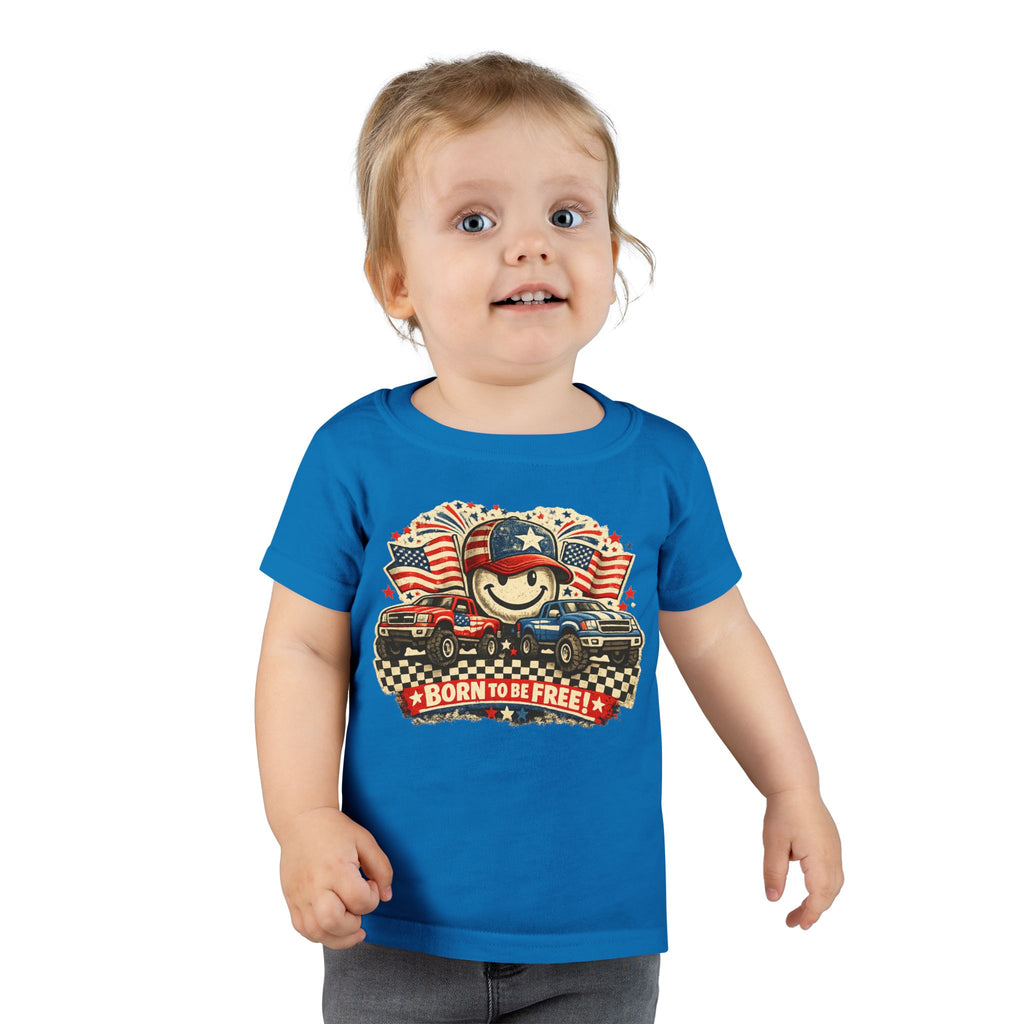 Toddler T‑Shirt — "Born to Be Free" Patriotic Trucks Graphic