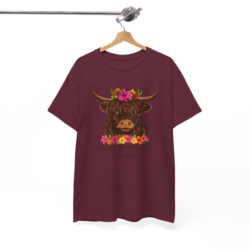 Highland Cow Floral Tee — "Easily Distracted by Cows" Cute Cow Graphic T-Shirt