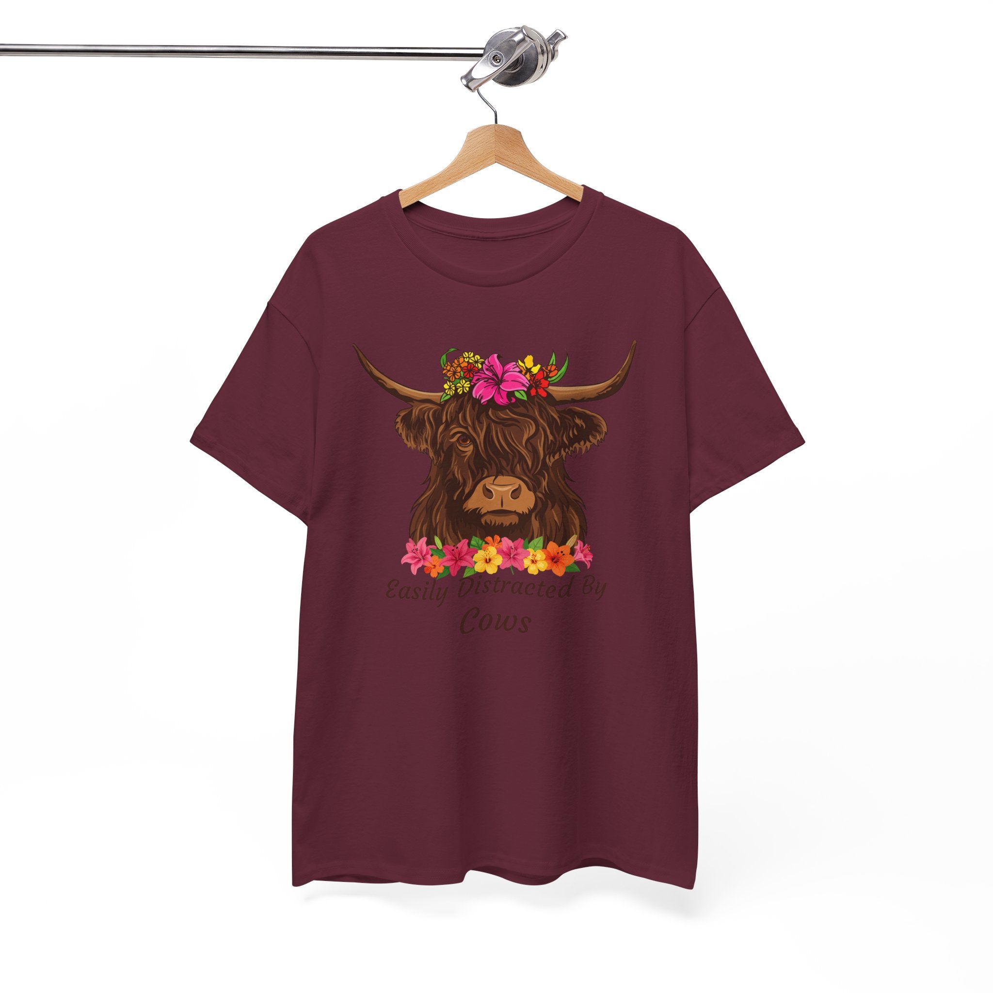 Highland Cow Floral Tee — "Easily Distracted by Cows" Cute Cow Graphic T-Shirt