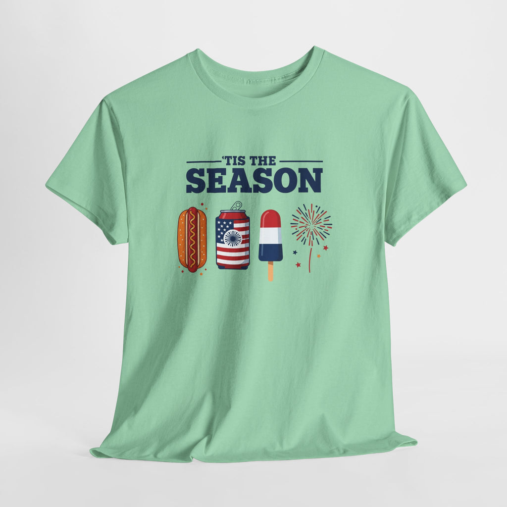 Fourth of July Tee — "'Tis the Season" Patriotic Hot Dog, Popsicle & Fireworks T-Shirt